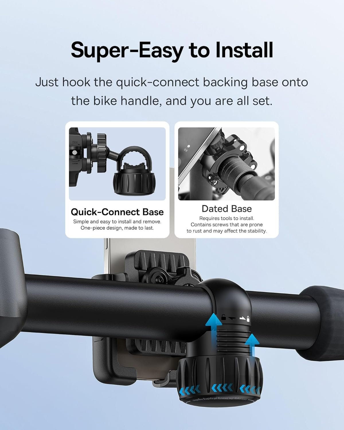 Fekete kerékpárkormány telefontartóval. A tartó gyorscsatlakozóval és egy datált alappal rendelkezik, kék nyilakkal.