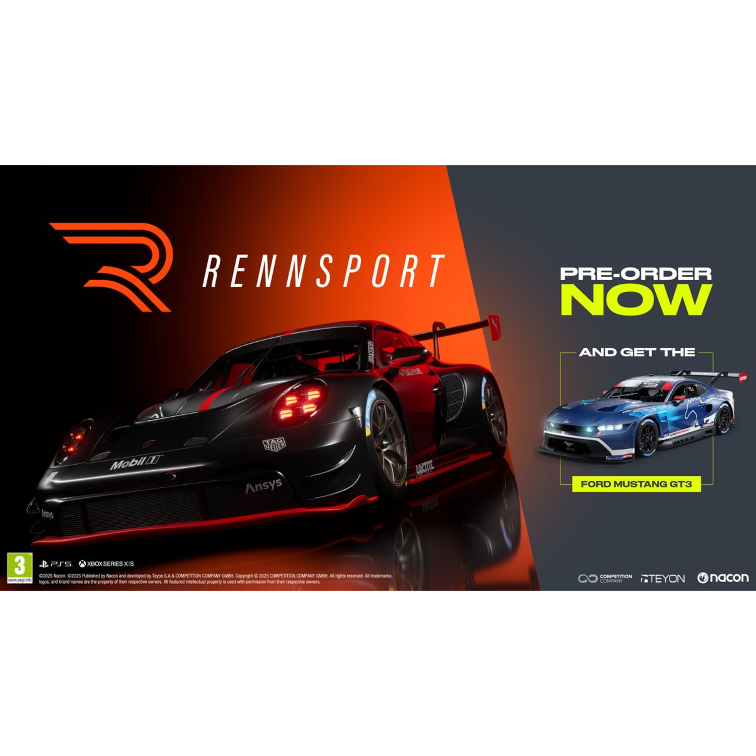 Black and red race car with 'Rennsport' text. A blue Ford Mustang GT3 is also shown. Pre-order now and get the Ford Mustang GT3.