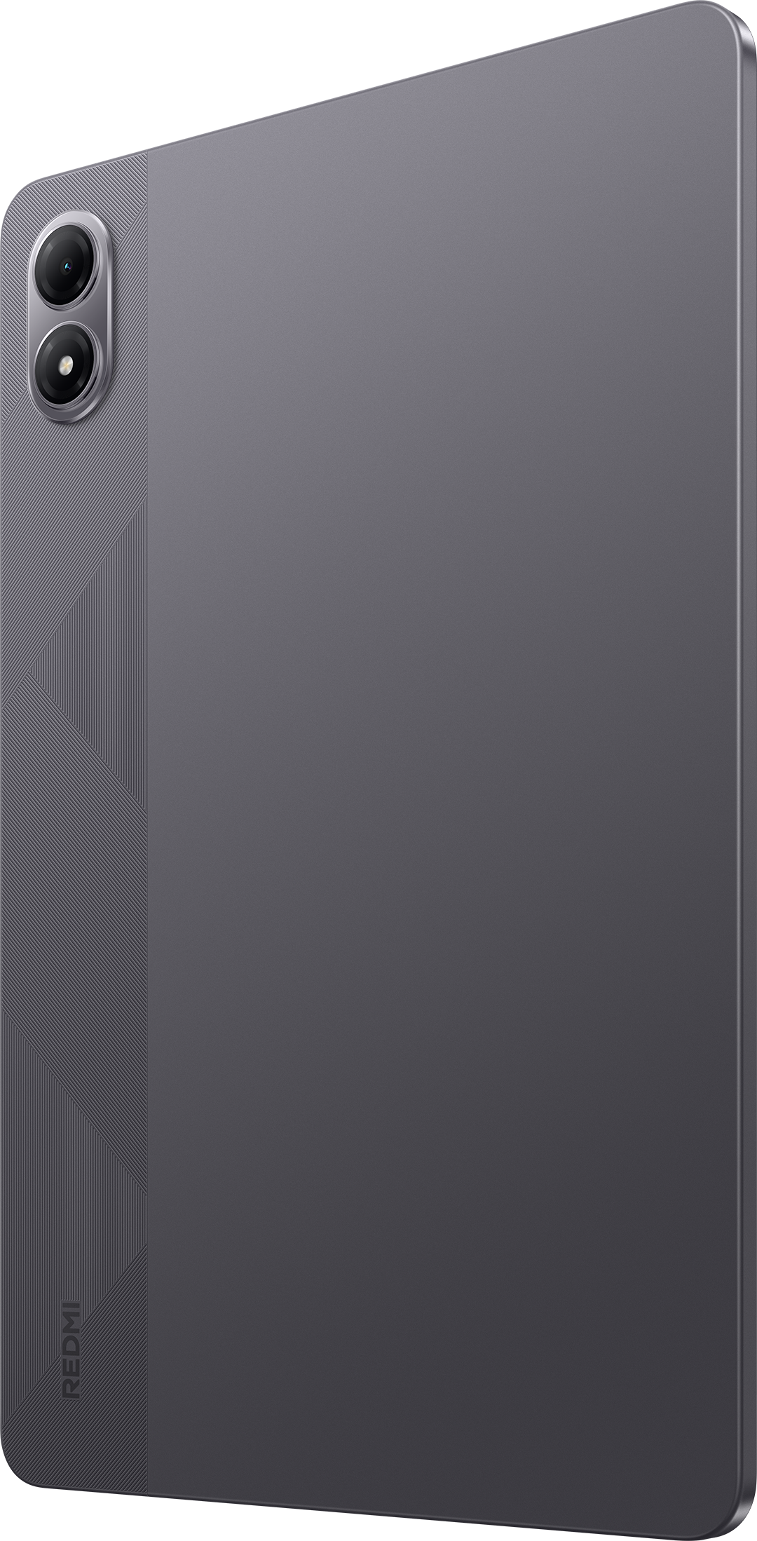 Szürke táblagép hátulja két kamerával, texturált mintázattal balra, REDMI logóval. Elegáns design, sarok nézet.