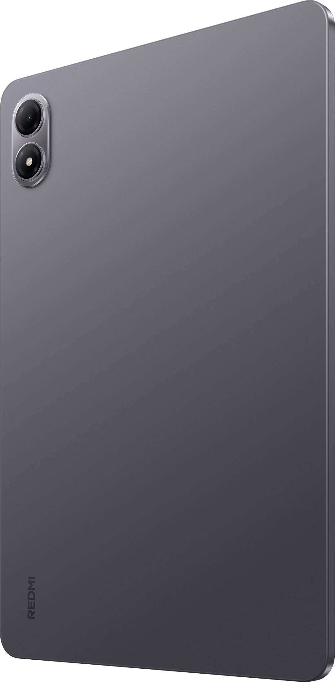 Sötétszürke tablet kettős objektívű kamerával. A Redmi logója függőlegesen van nyomtatva.