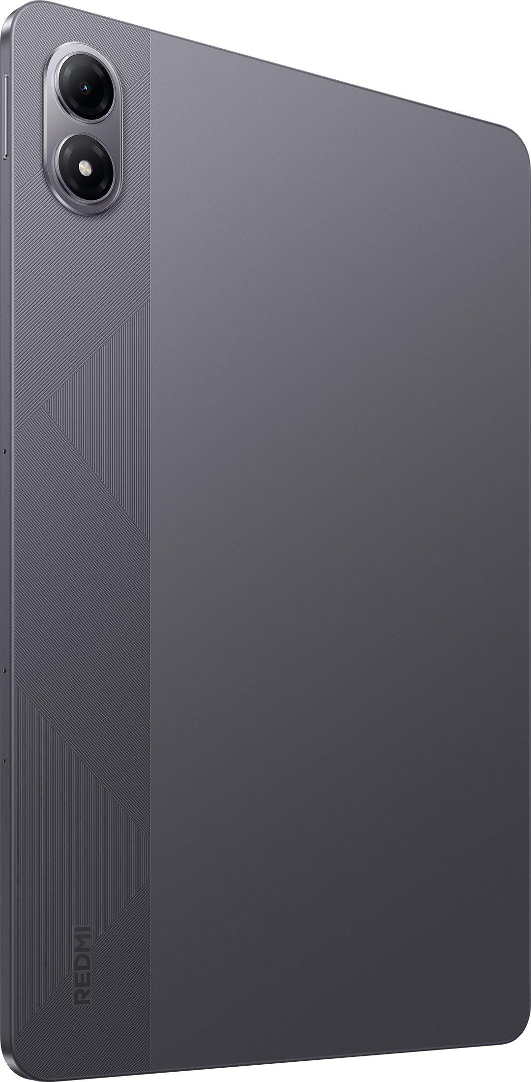 Sötétszürke tablet hátlapja. Két kamerával, texturált oldallal és Redmi logóval. A felület sima, matt.