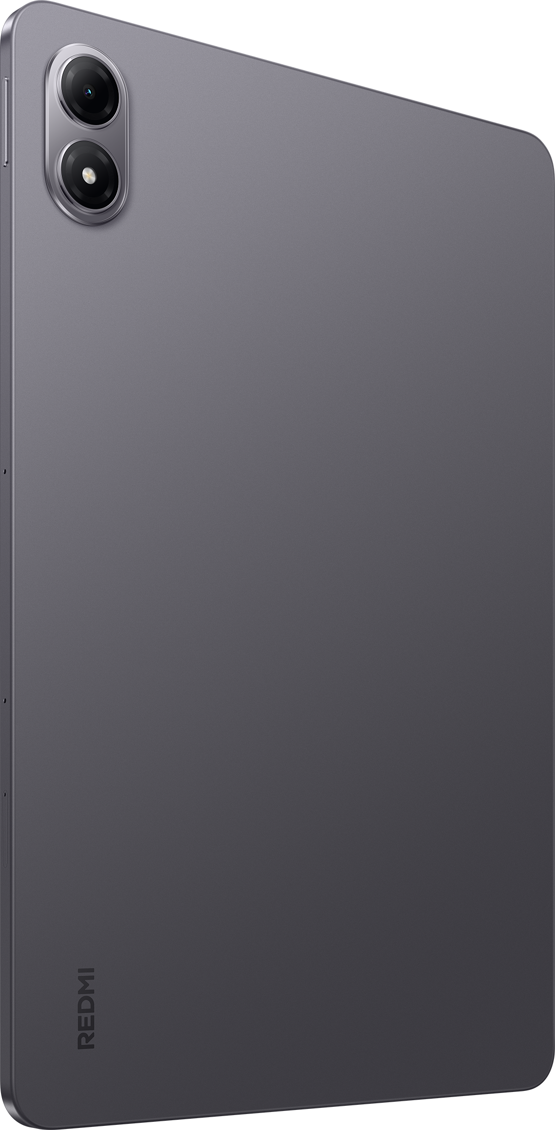 Szürke tablet hátlap, dupla kamerával és Redmi logóval. A ferde nézet a képernyő szélét mutatja.