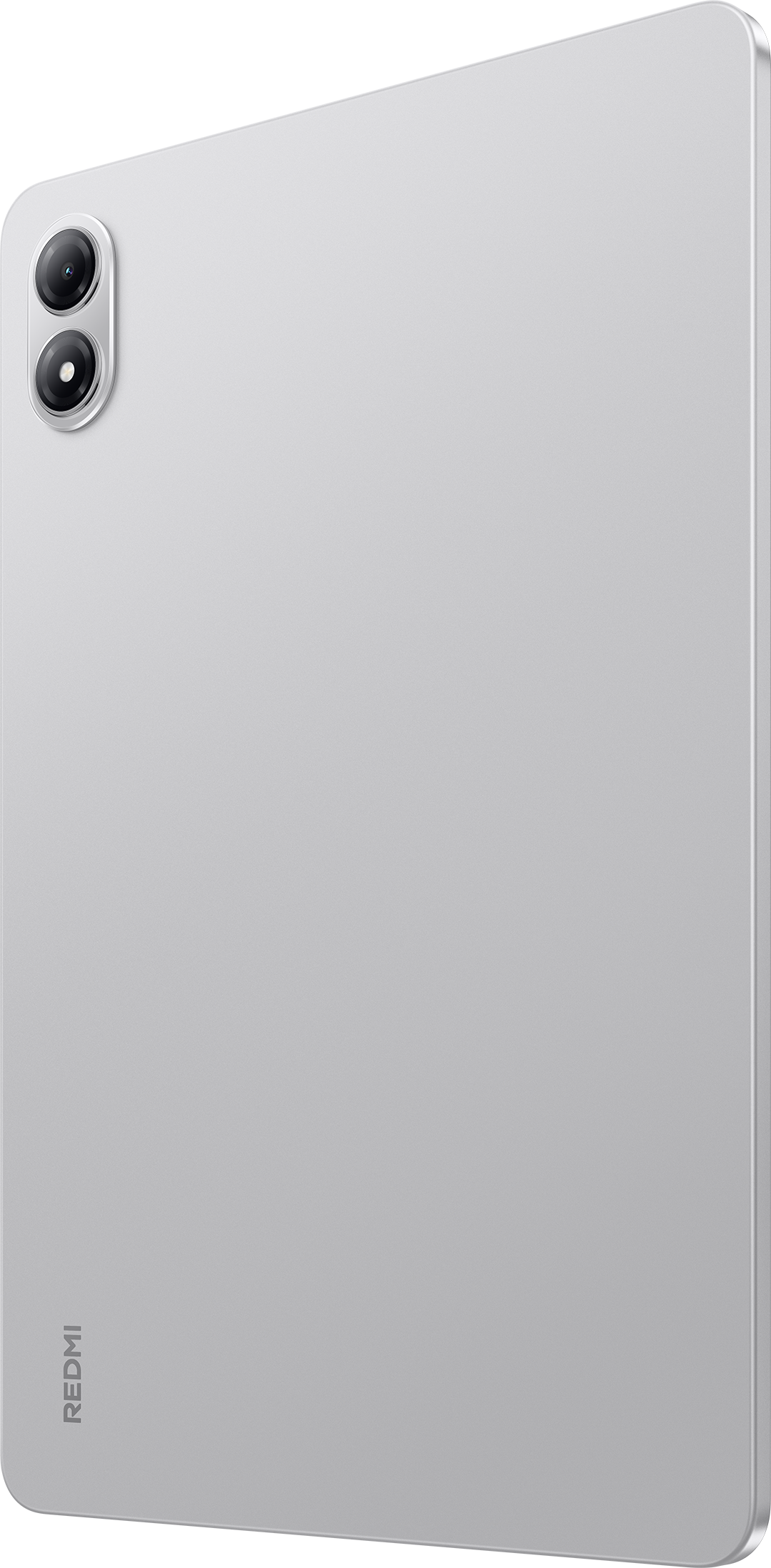 Ezüst Redmi tablet, hátulról. Kettős kamerával és Redmi logóval. A tablet világosszürke.