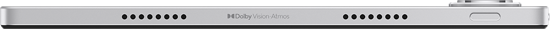 Ezüst tabletszél hangszóró lyukakkal, Dolby Vision Atmos logóval és porttal. Fehér háttér.