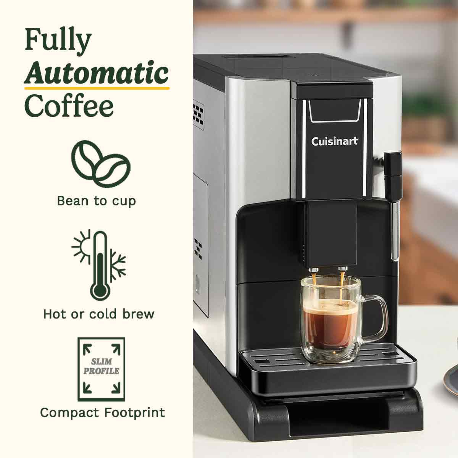 A Cuisinart coffee machine is brewing coffee into a glass mug. Text includes 'Fully Automatic Coffee,' 'Bean to cup,' and 'Hot or cold brew.'