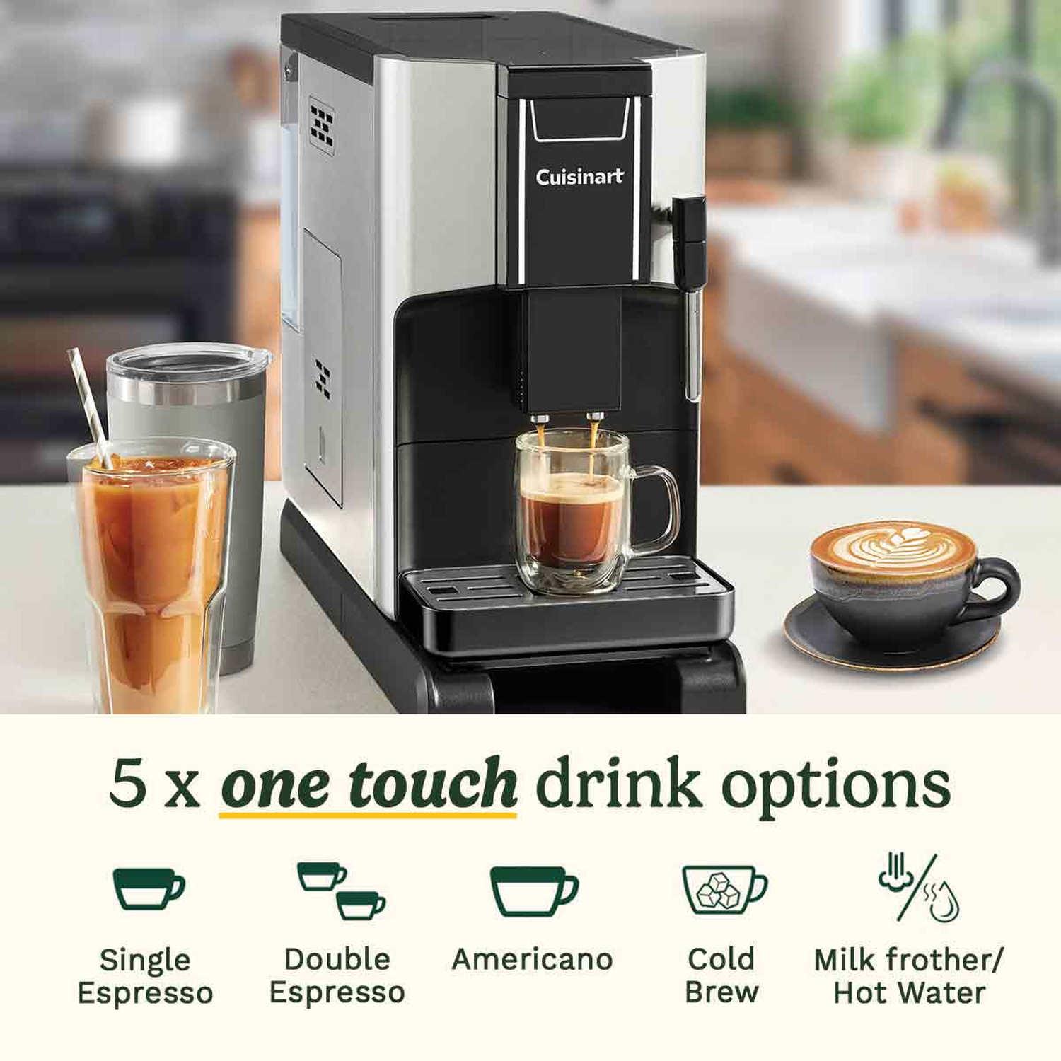 A Cuisinart coffee machine with a glass of coffee being brewed. Other drinks include espresso, Americano, cold brew, and milk frother.