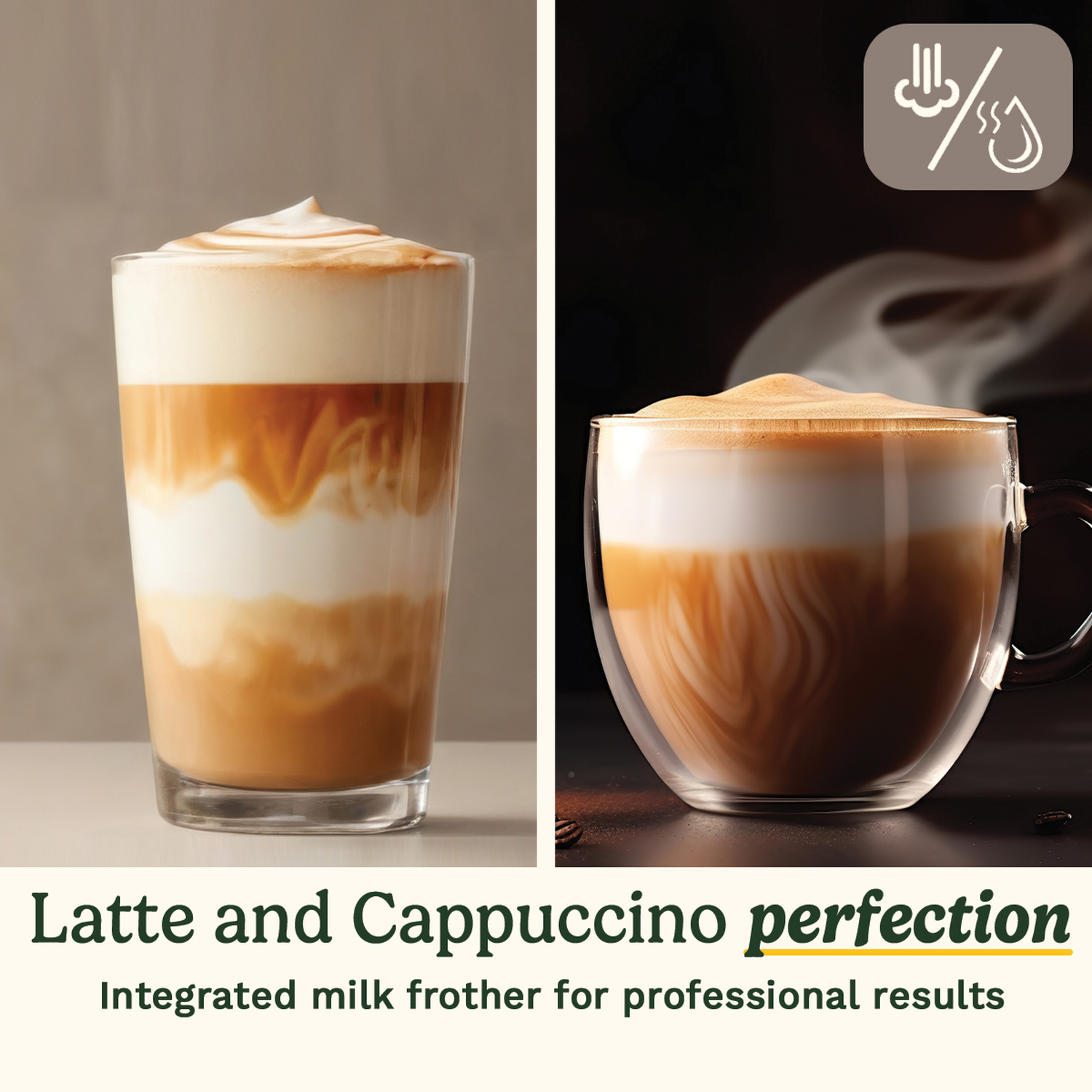 Image shows latte and cappuccino. One glass and one cup, both with layers of coffee and foam. Text says 'perfection' and 'professional results'.