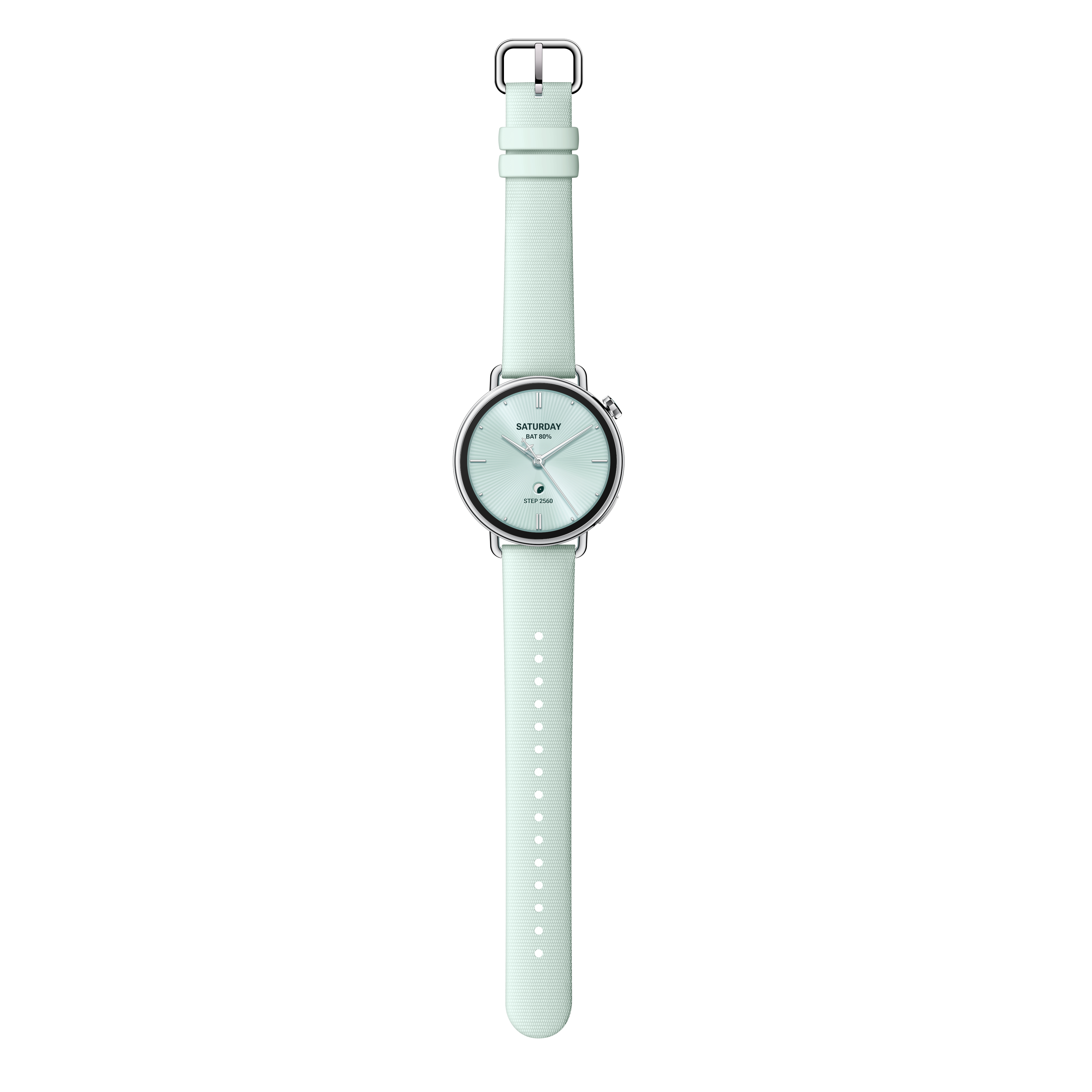 Eine hellgrüne Armbanduhr mit silbernem Gehäuse und Armband zeigt Samstag und 80% Akku. Isoliert auf Weiß.