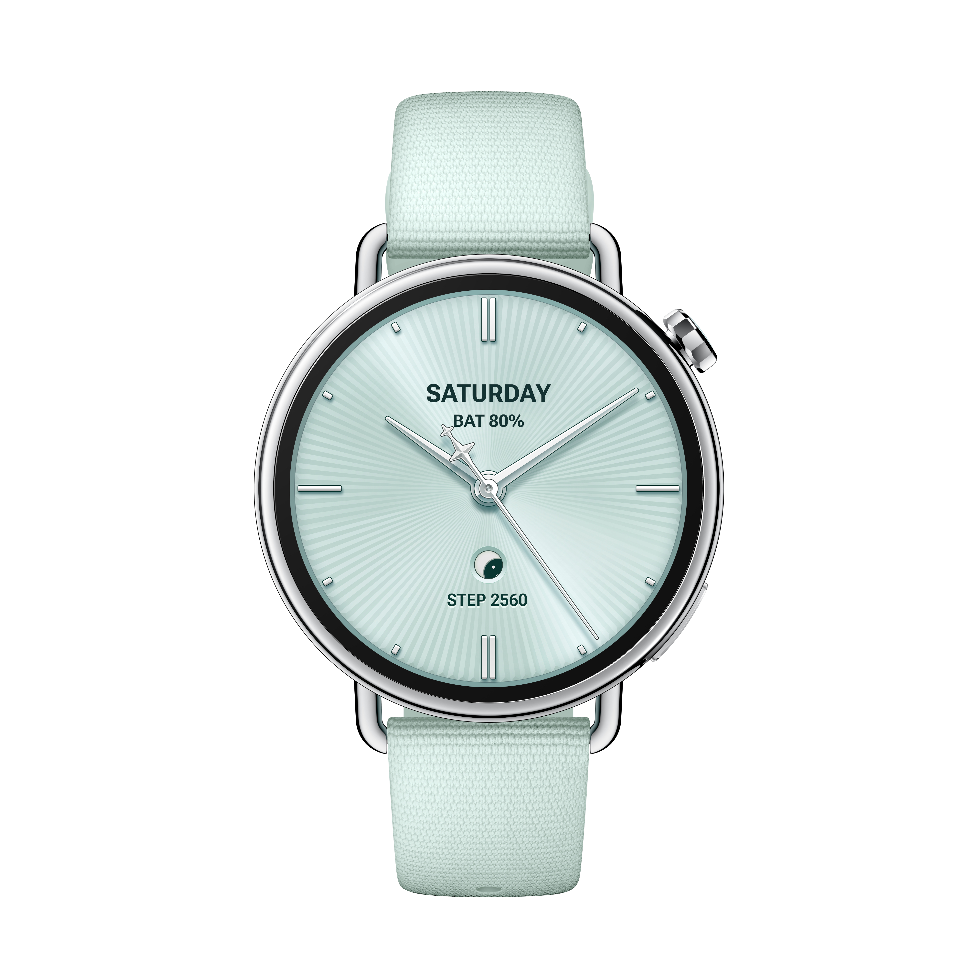Eine hellgrüne Smartwatch mit rundem Zifferblatt zeigt 'Samstag', Akku und Schritte an. Sie hat ein hellgrünes Armband.