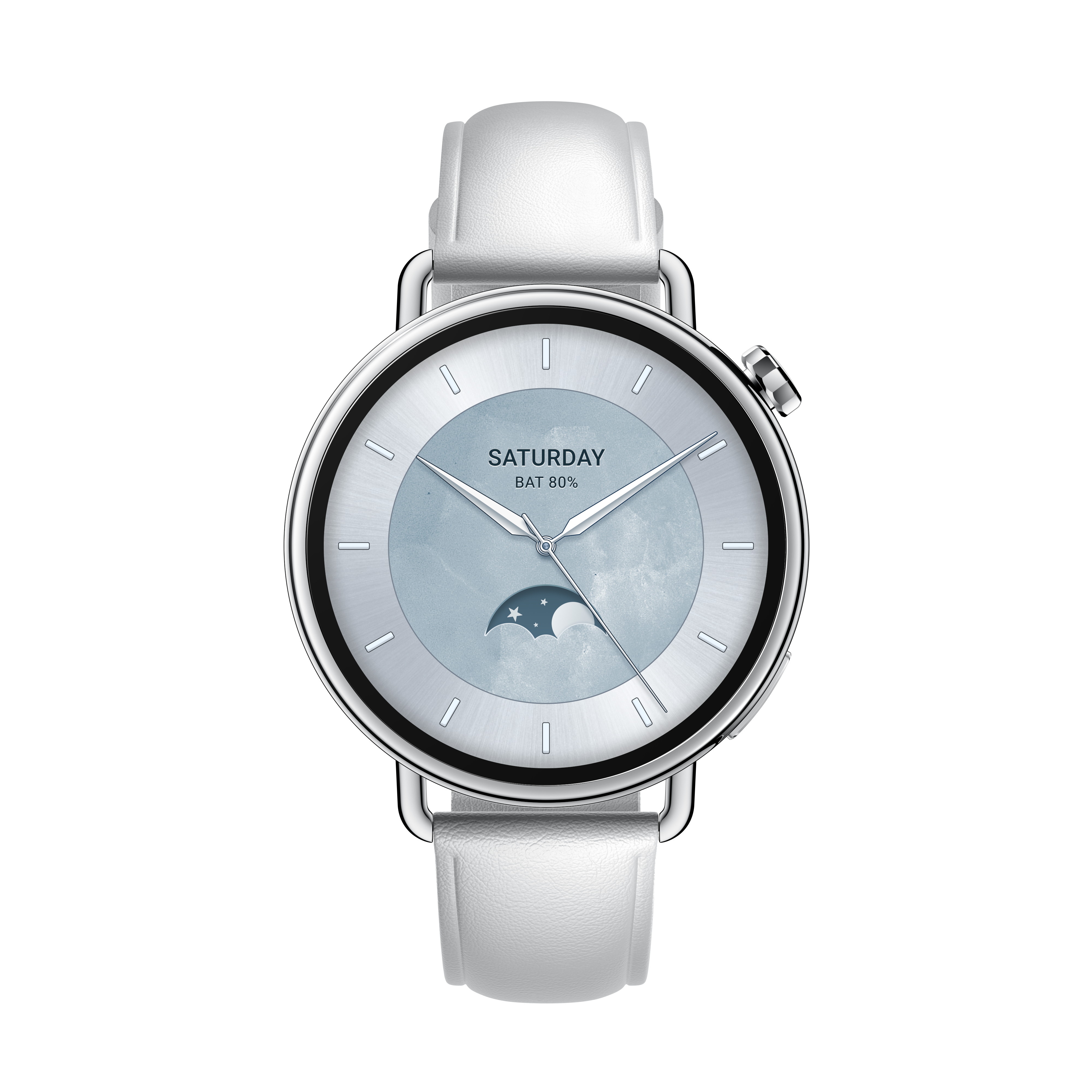 Eine weiße Smartwatch mit silberner Lünette und weißen Lederarmbändern, die Datum und Akkuladestand anzeigt.