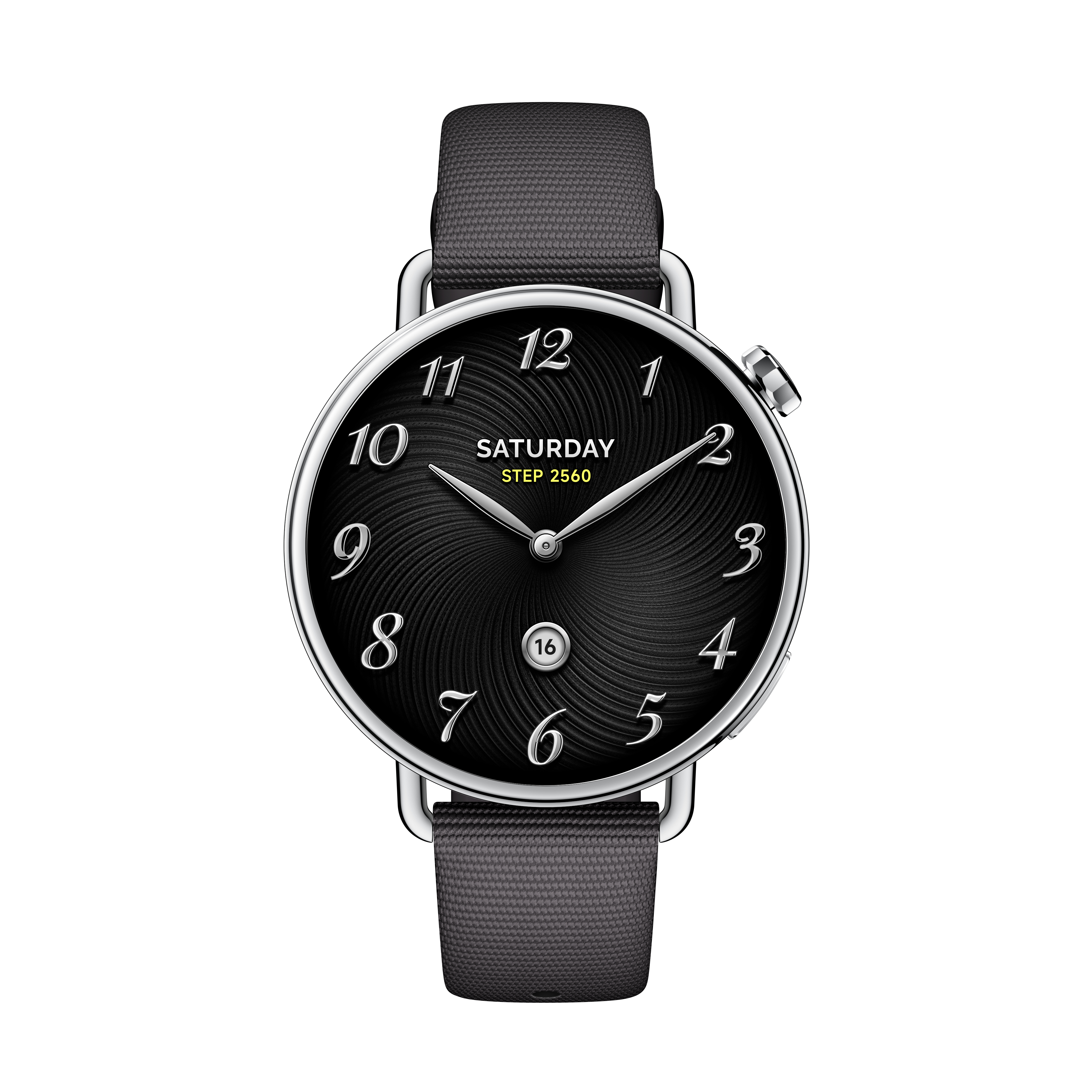 Eine schwarze Uhr mit silbernem Rahmen, schwarzem Zifferblatt, weißen Zahlen und grauem Armband auf weißem Grund.