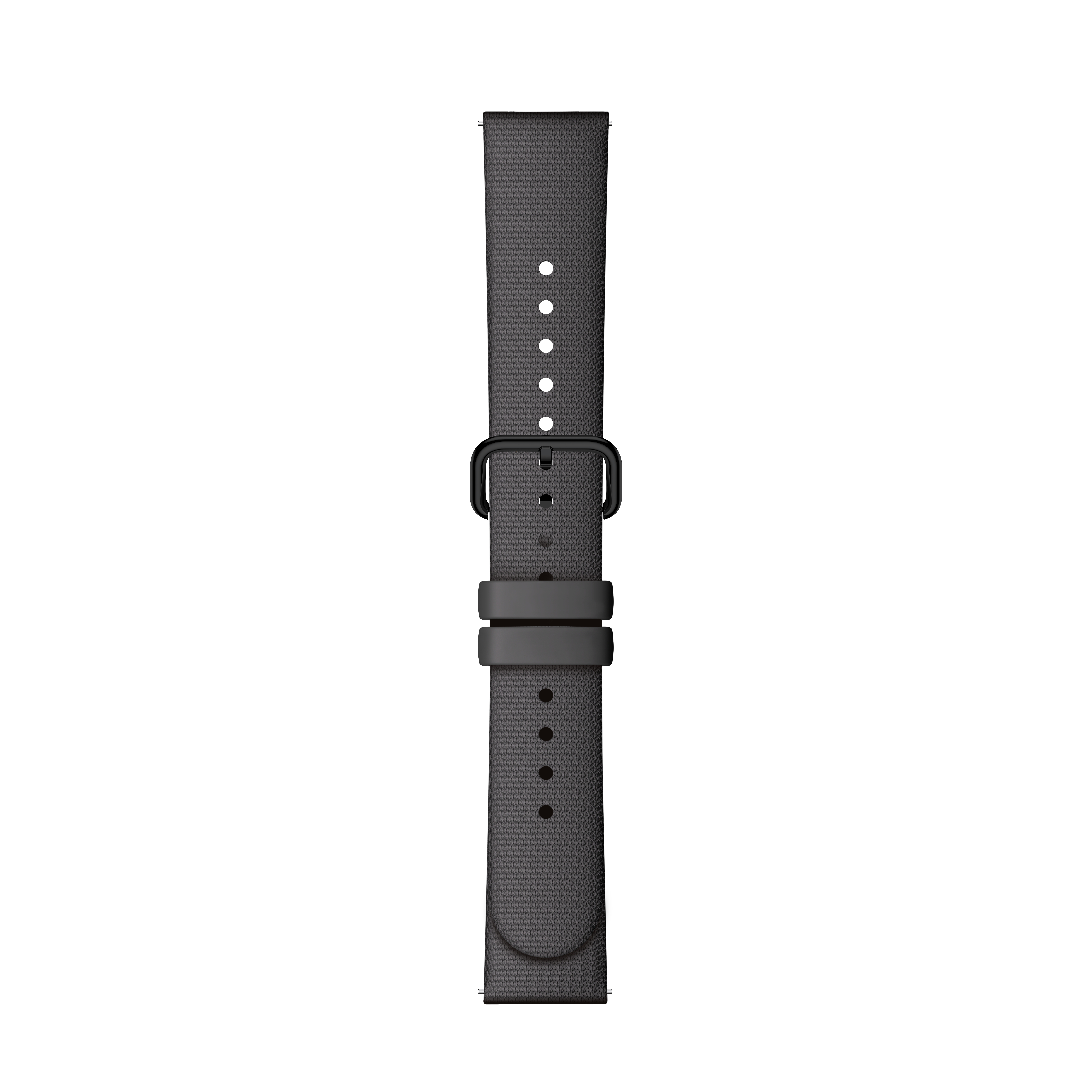 Ein graues Uhrenarmband mit schwarzer Schnalle. Das Armband hat eine strukturierte Oberfläche. Der Hintergrund ist weiß.