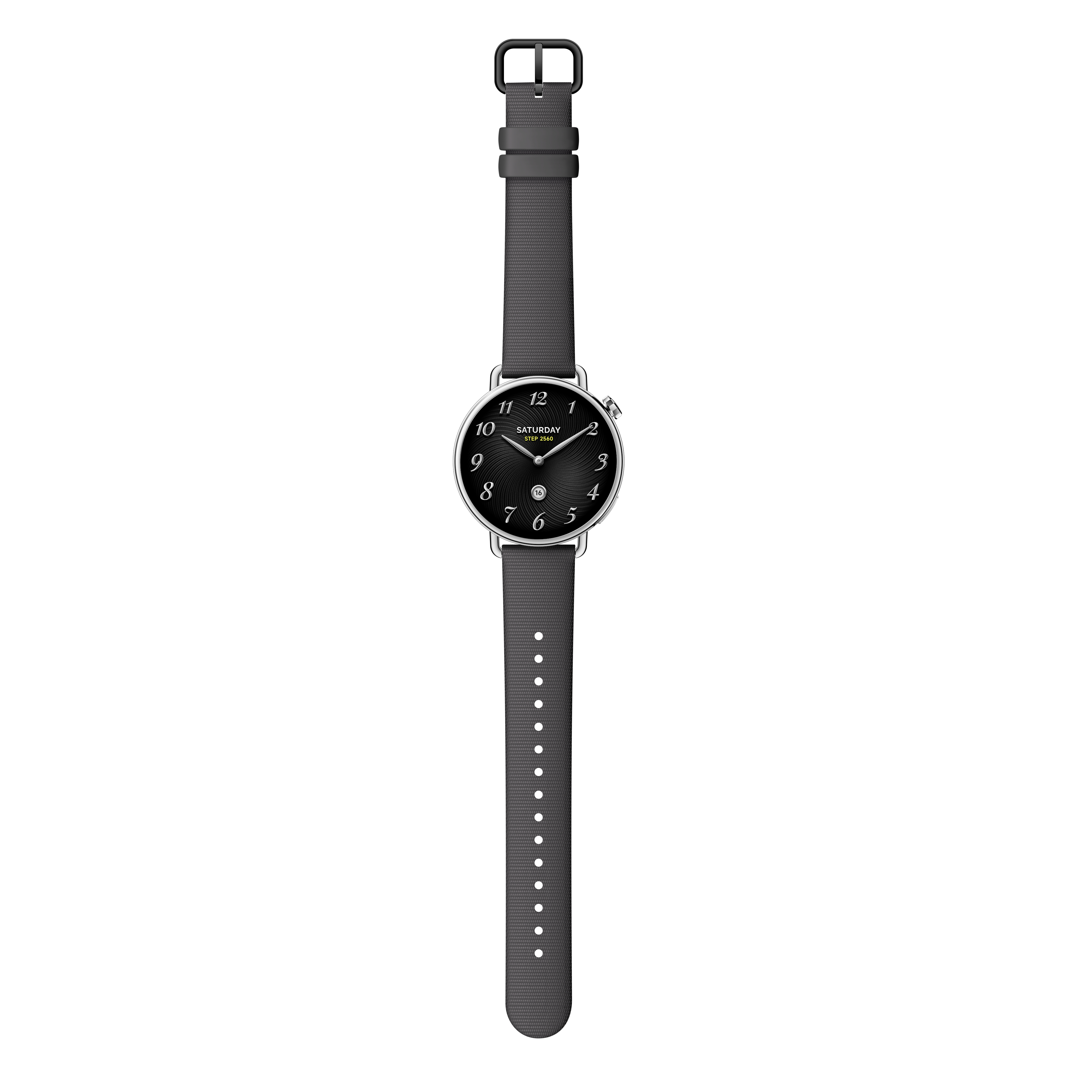 Eine schwarze Uhr mit dunkelgrauem Armband. Das Zifferblatt hat Zahlen und Zeiger. Das Datum ist sichtbar.