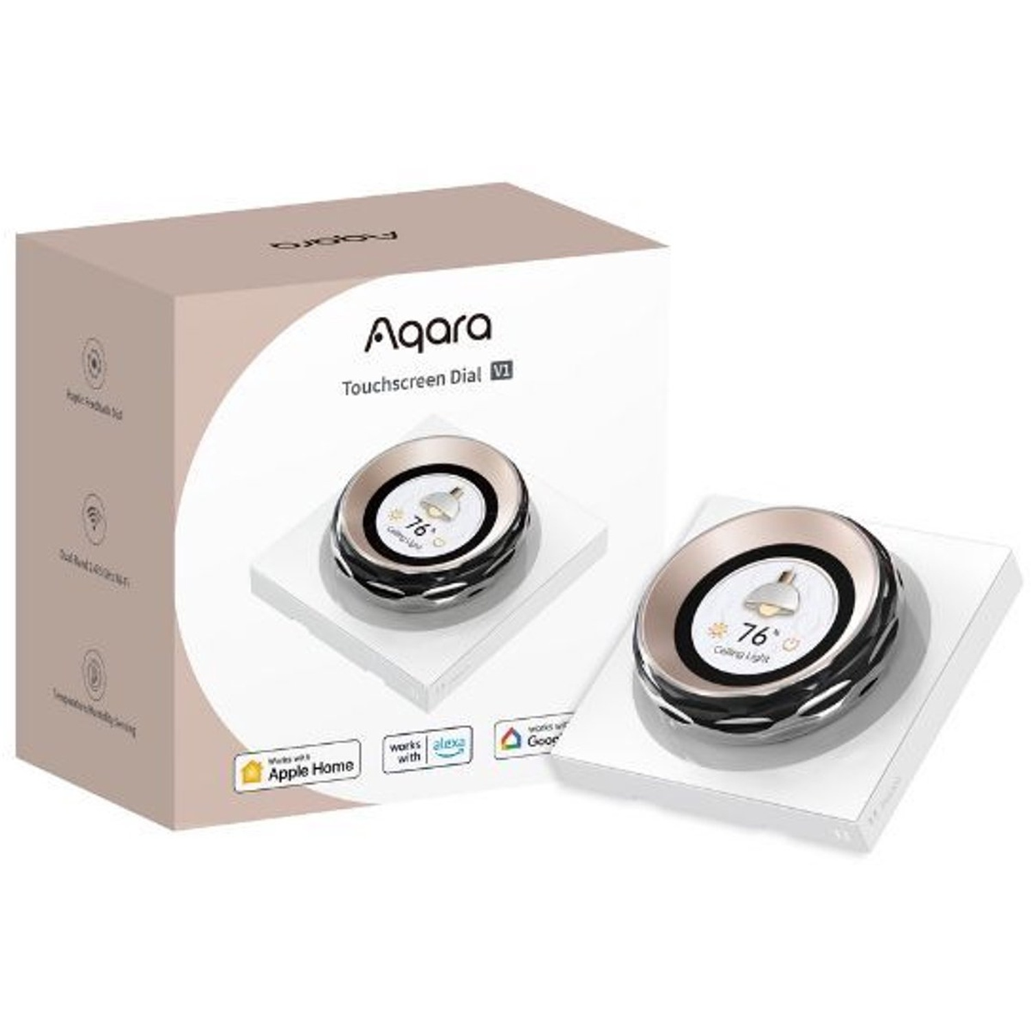 A box and a dial are shown. The box says 'Aqara Touchscreen Dial'. The dial displays 76 degrees and 'Ceiling Light'.