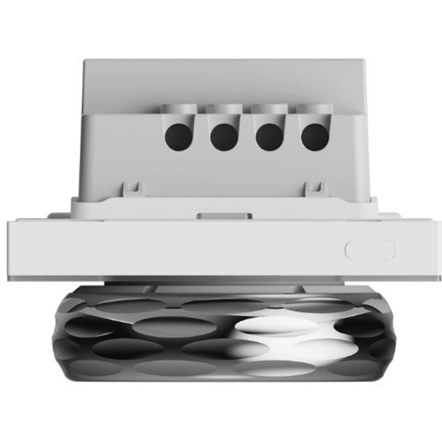 A white electronic device with a cylindrical base. It has four holes on top and a rounded, textured bottom section.