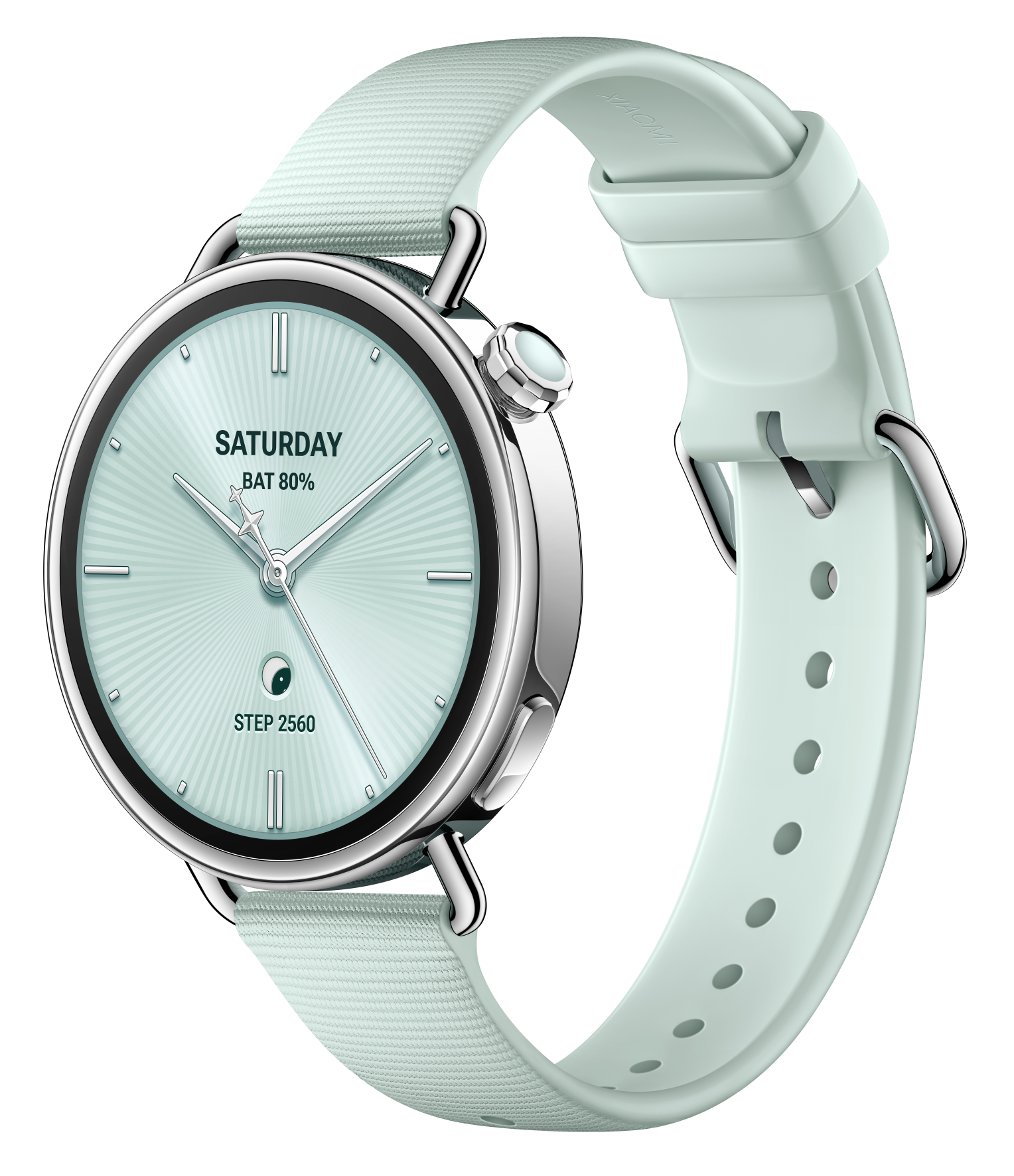 Smartwatch w kolorze miętowym z pasującym paskiem. Tarcza wyświetla 'Sobota', żywotność baterii i liczbę kroków. Tło jest czarne.