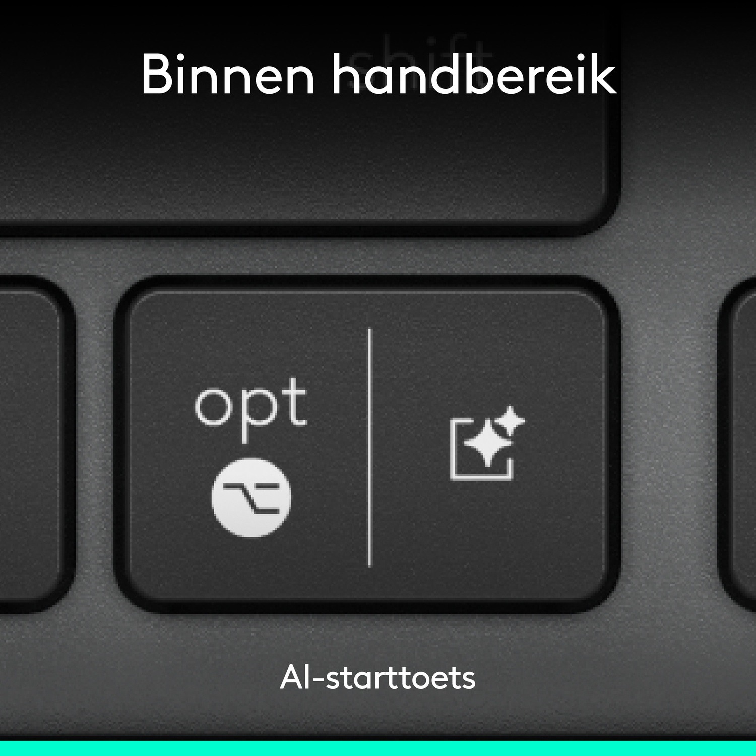 Close-up of a black keyboard key with 'opt' and a symbol. Text above reads 'Binnen handbereik', below 'Al-starttoets'.