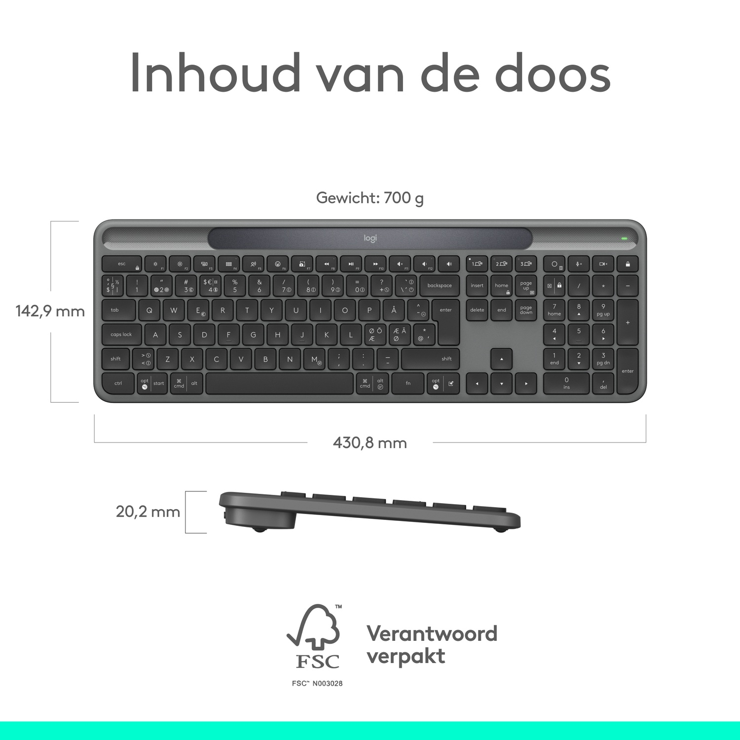 A gray Logitech keyboard with dimensions and text on a white background. FSC logo is in the bottom.
