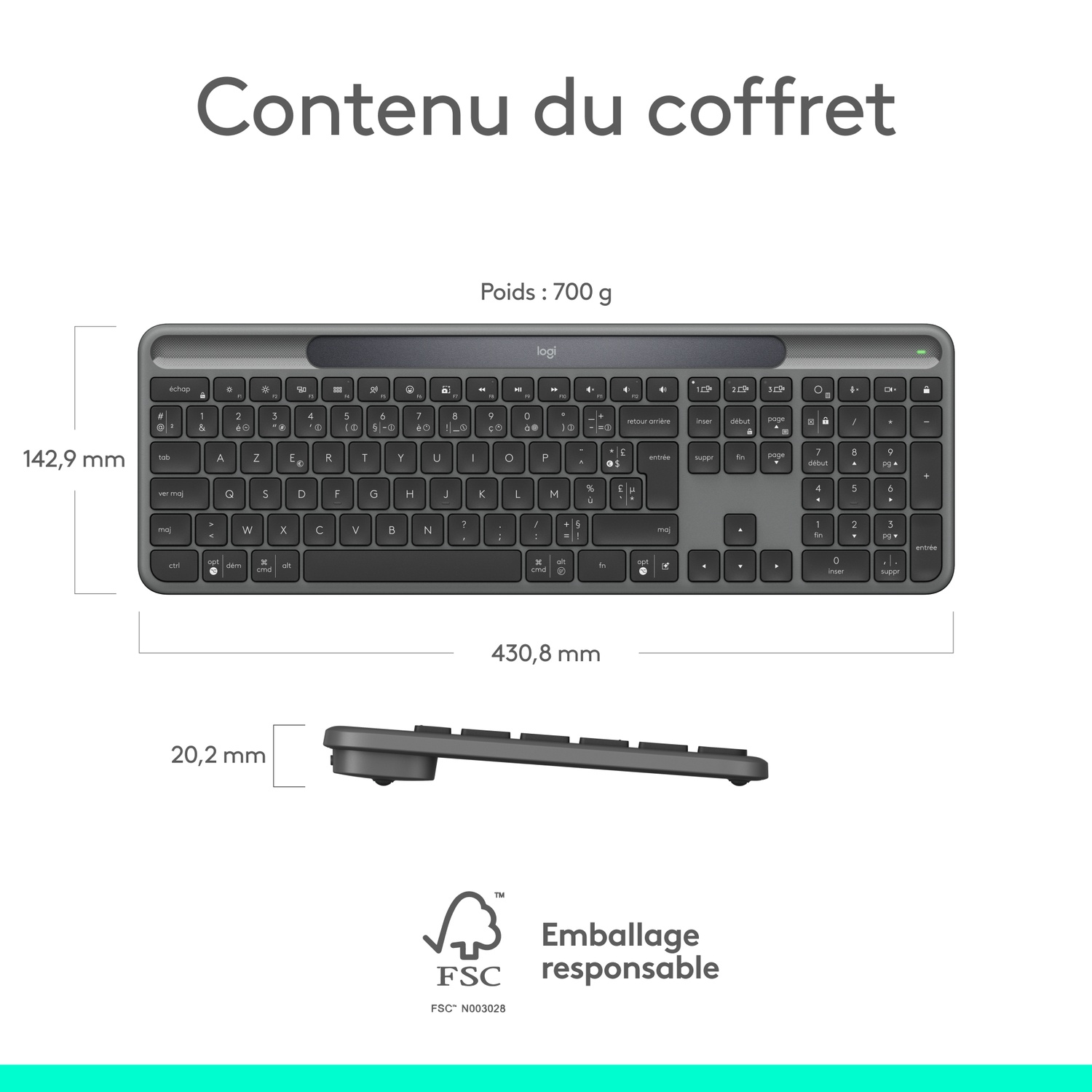 Clavier Logitech gris avec disposition française. Dimensions et poids sont indiqués. Le logo FSC est en bas.
