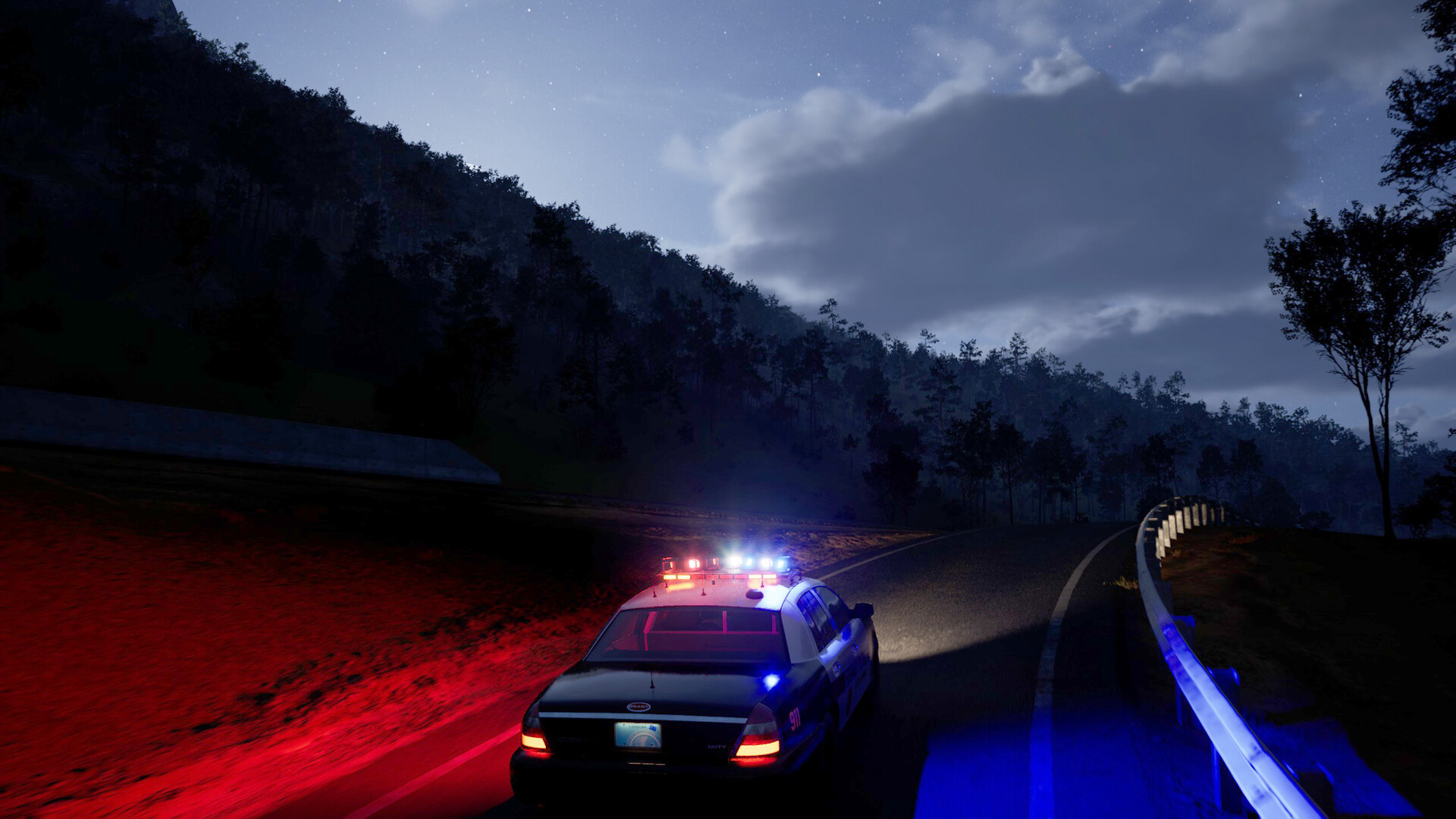 Une voiture de police avec des lumières clignotantes roule sur une route la nuit. Montagnes et arbres en arrière-plan sous un ciel nuageux.