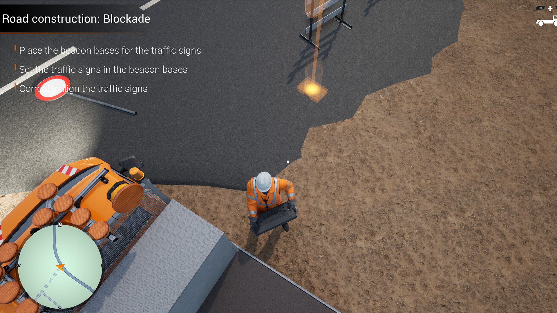 Ein Bauarbeiter in Orange hält einen Koffer. Straßenbaugeräte und ein Straßenschild sind vorhanden. Die Szene ist eine Straßenbaustelle.