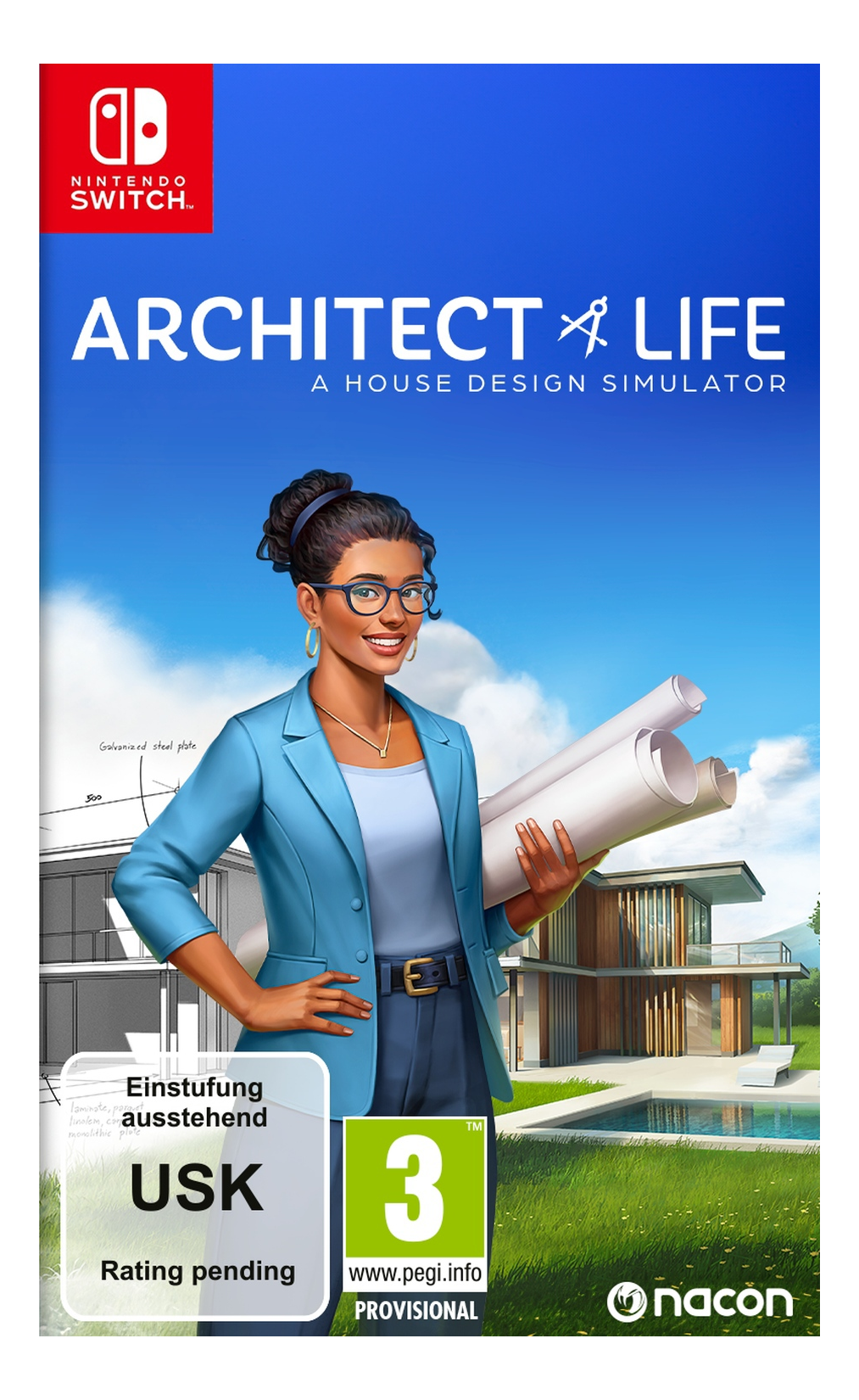 Copertina del gioco: Donna con progetti, edificio sullo sfondo. Titolo: Architect of Life. Logo Nintendo Switch. Valutazione in attesa.