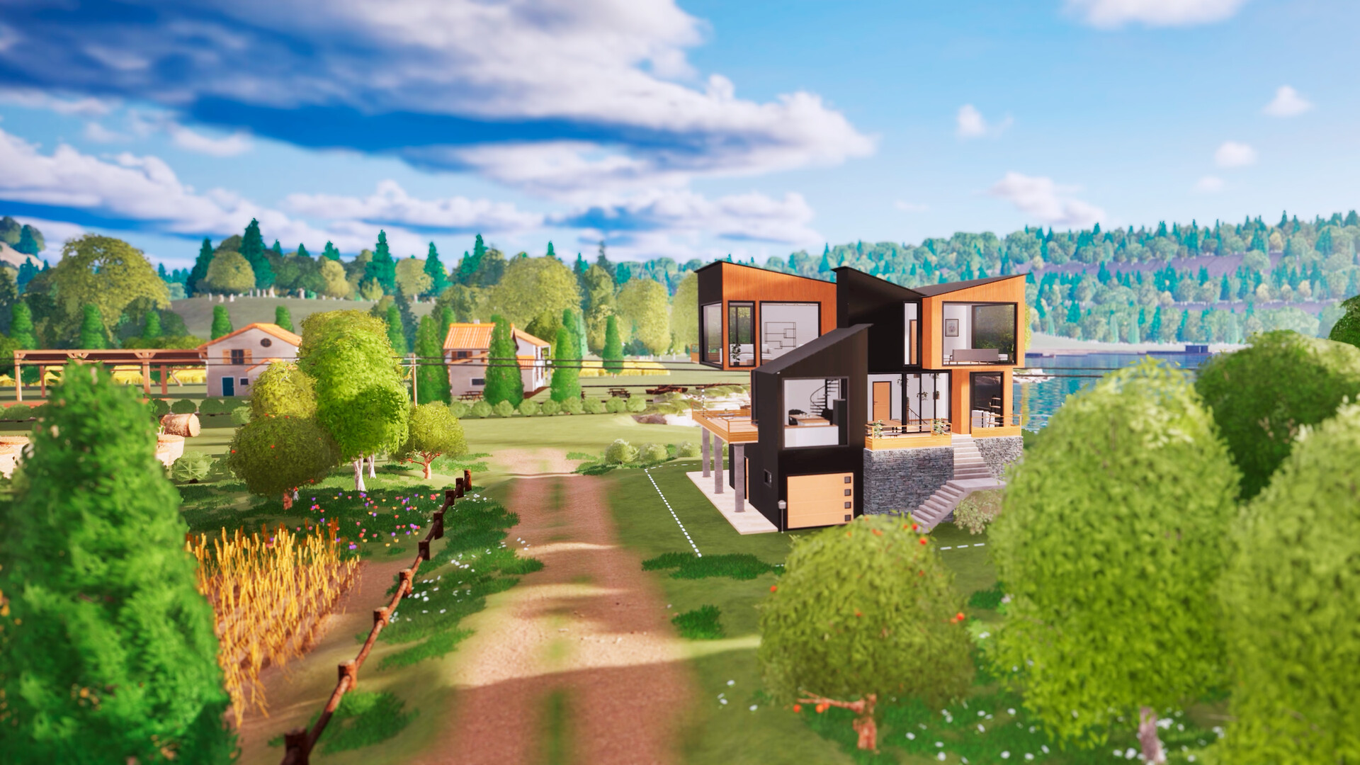 Casa moderna con esterno nero e legno, situata in un paesaggio rurale con alberi, campi e un lago sotto un cielo blu.
