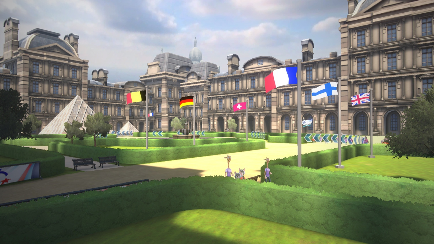 Une scène extérieure d'un bâtiment européen. Des drapeaux de divers pays sont exposés devant le bâtiment, avec des personnes au premier plan.