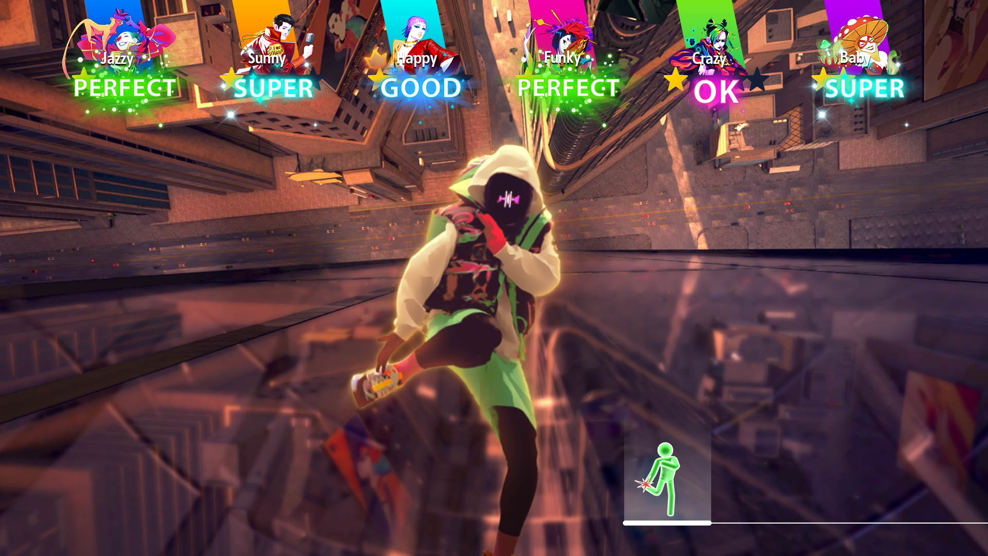 Eine Figur in Neon-Grün und Schwarz führt eine Tanzbewegung aus. Der Hintergrund zeigt verschiedene Charaktere mit Titeln wie 'Perfect' und 'Super'.