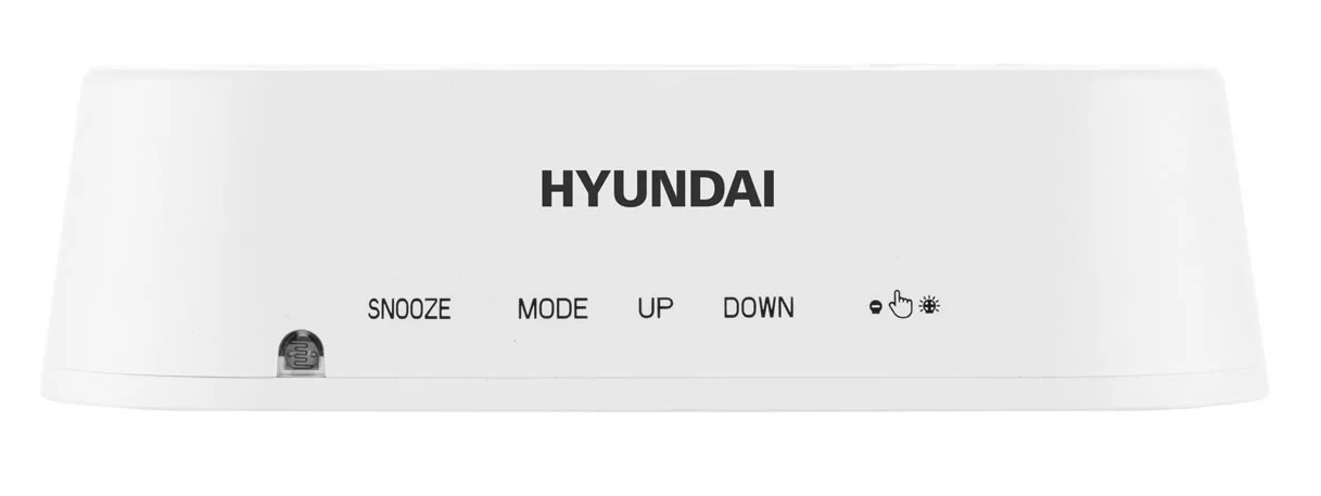 Biały budzik Hyundai. Funkcje: drzemka, tryb, góra, dół oraz ikona dłoni.
