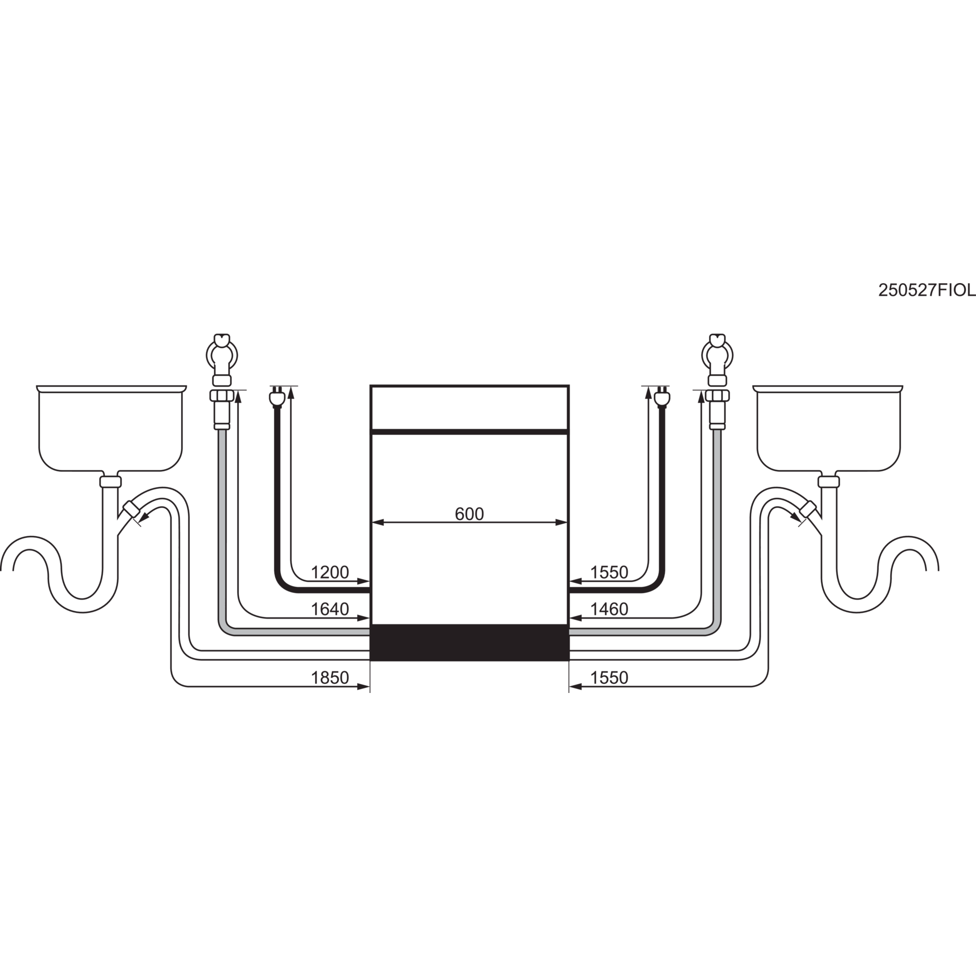 Diagramm eines Doppelwaschbeckens mit Maßen. Enthält Rohre, Wasserhähne und einen rechteckigen Mittelbereich. Schwarzer Hintergrund.
