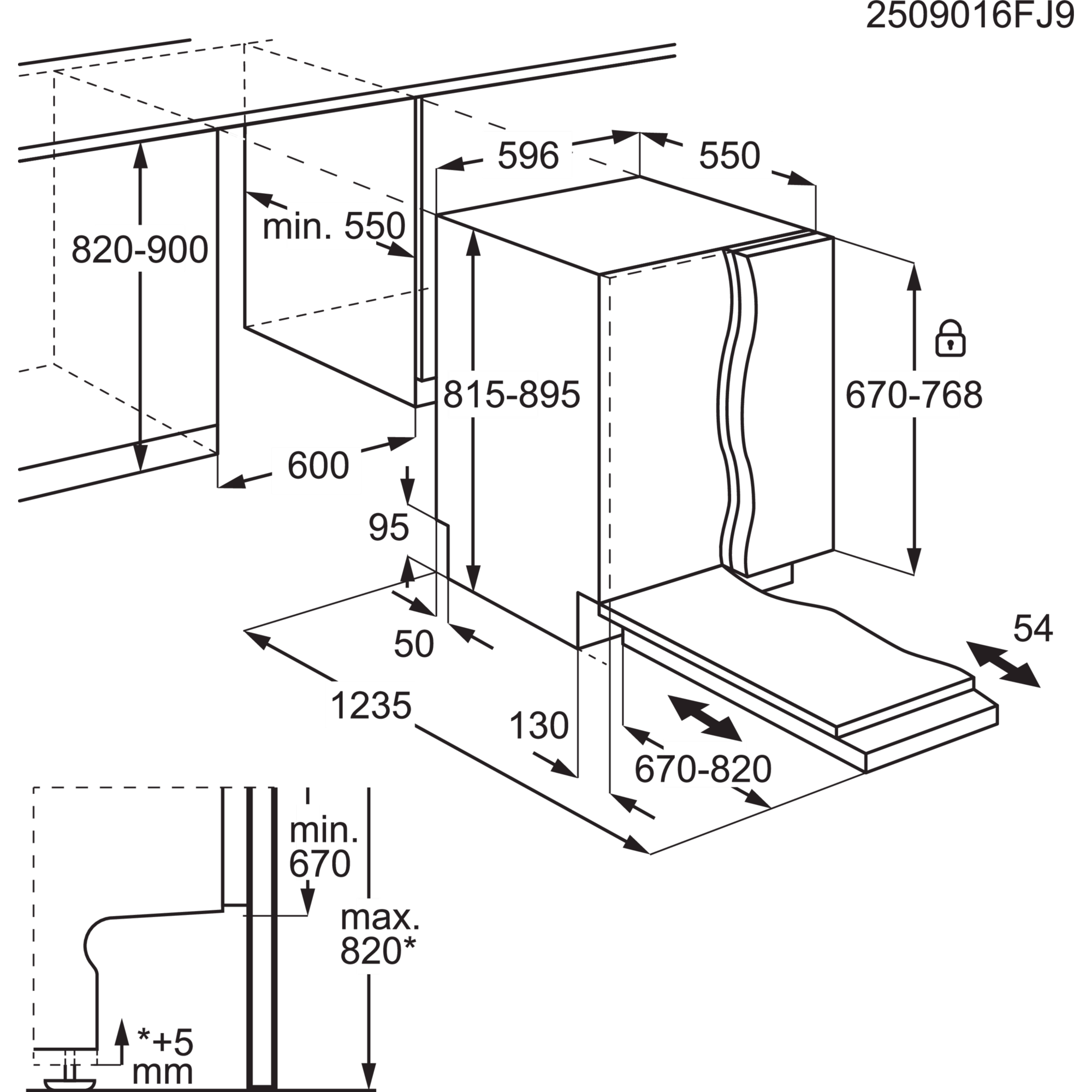 Diagramm mit Abmessungen in Millimetern für die Geräteinstallation. Enthält Maße und das Wort 'min'.
