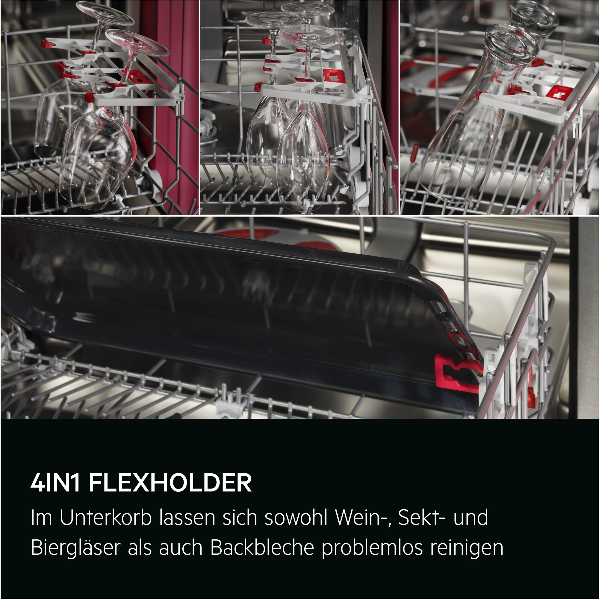 Geschirrspüler-Innenraum mit Gläsern und einem schwarzen Tablett. Metallgestelle halten Gläser. Rote und weiße Halter.