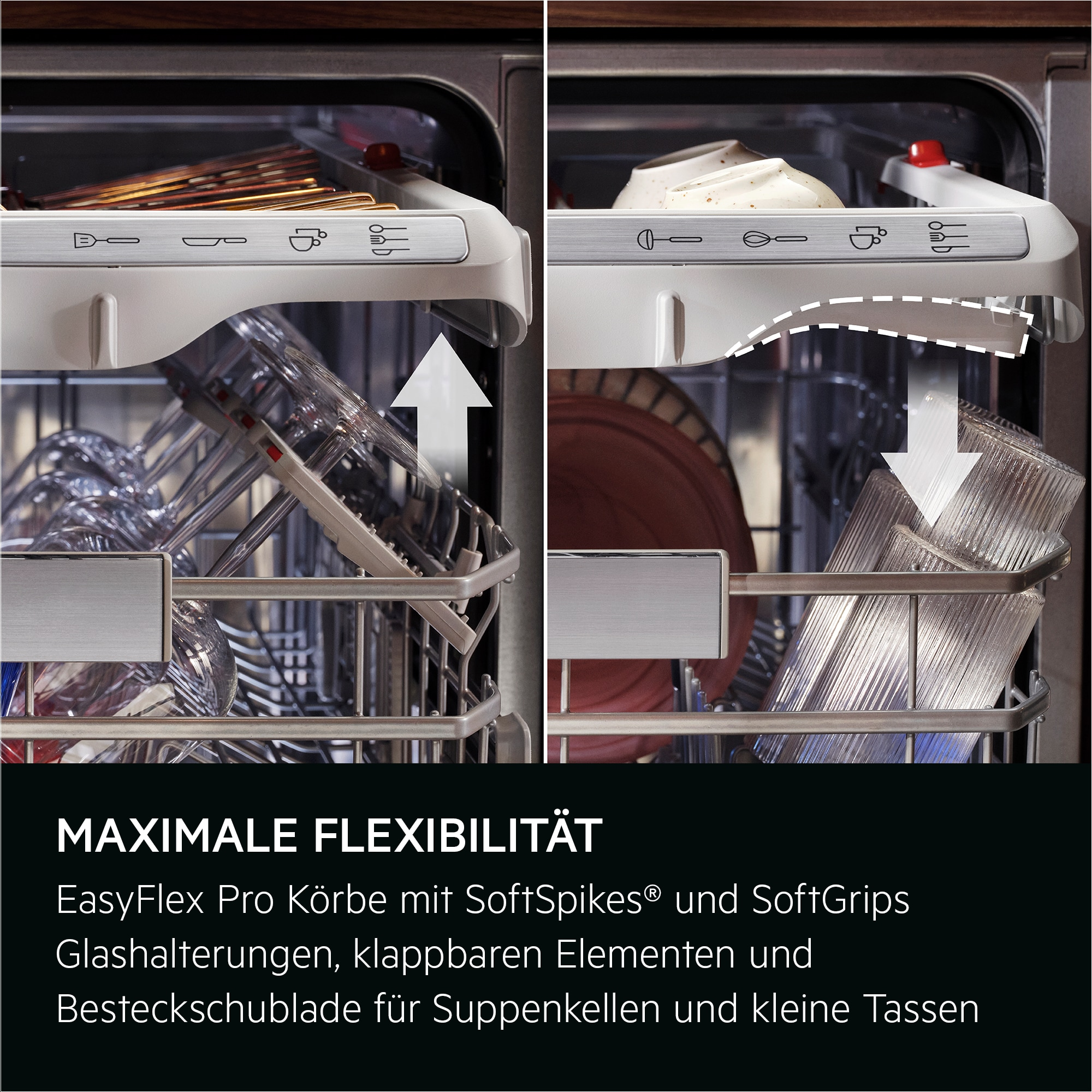 Geschirrspüler-Innenraum mit Gläsern und Tellern. Pfeile zeigen verstellbare Gestelle an. Text: Maximale Flexibilität.