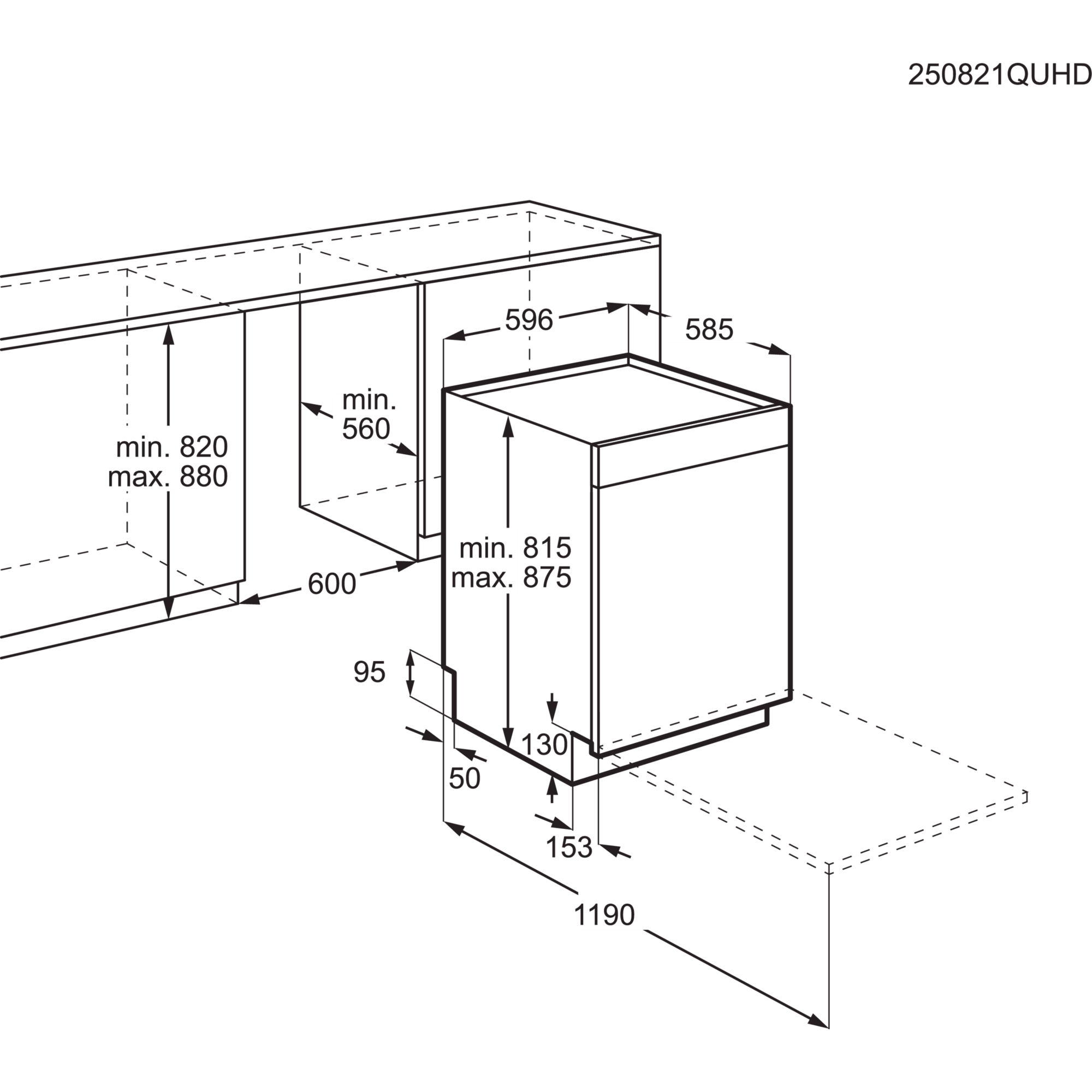 Diagramm eines Geschirrspülers mit Abmessungen in Millimetern. Enthält Abmessungen für Höhe, Breite und Tiefe, mit Beschriftungen.