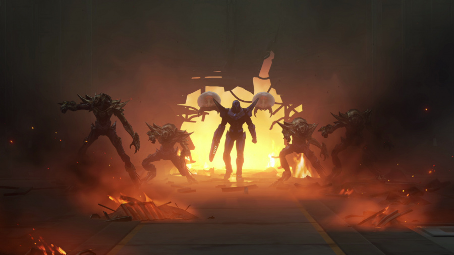 Pięć groźnych postaci w płonącej scenie. Centralna postać jest otoczona przez cztery inne. Płomienie i gruz wypełniają pierwszy plan.