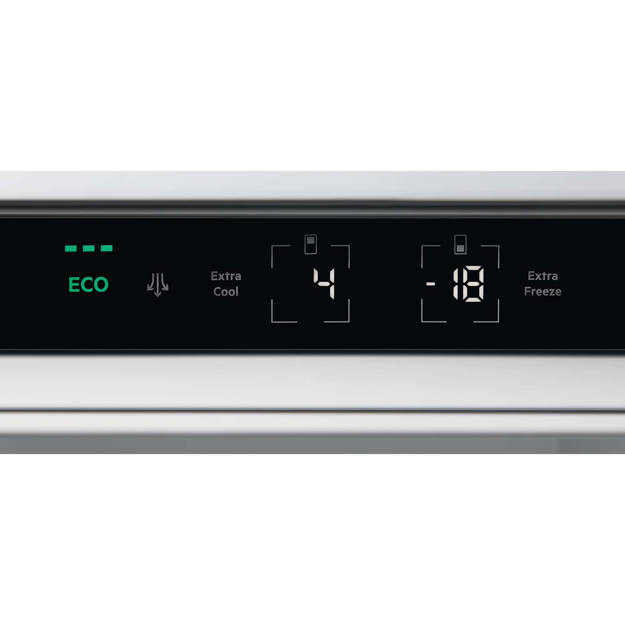 Kühlschrank-Bedienfeld mit ECO-Modus, Extra Cool, Temperatureinstellungen und Extra Freeze-Optionen.