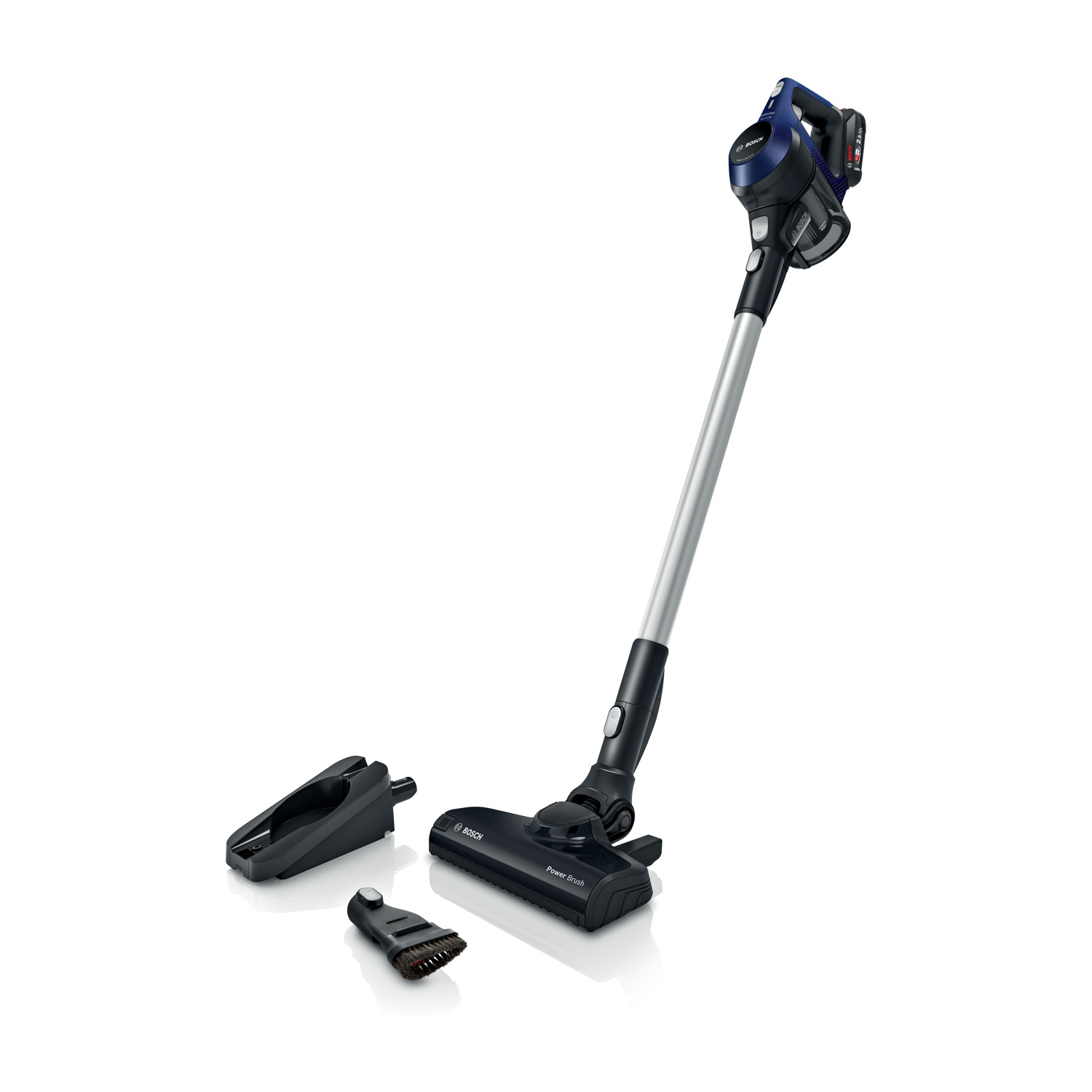 Un aspirapolvere Bosch senza fili con accessori è su una superficie bianca. L'aspirapolvere è blu e nero, con un tubo argentato.