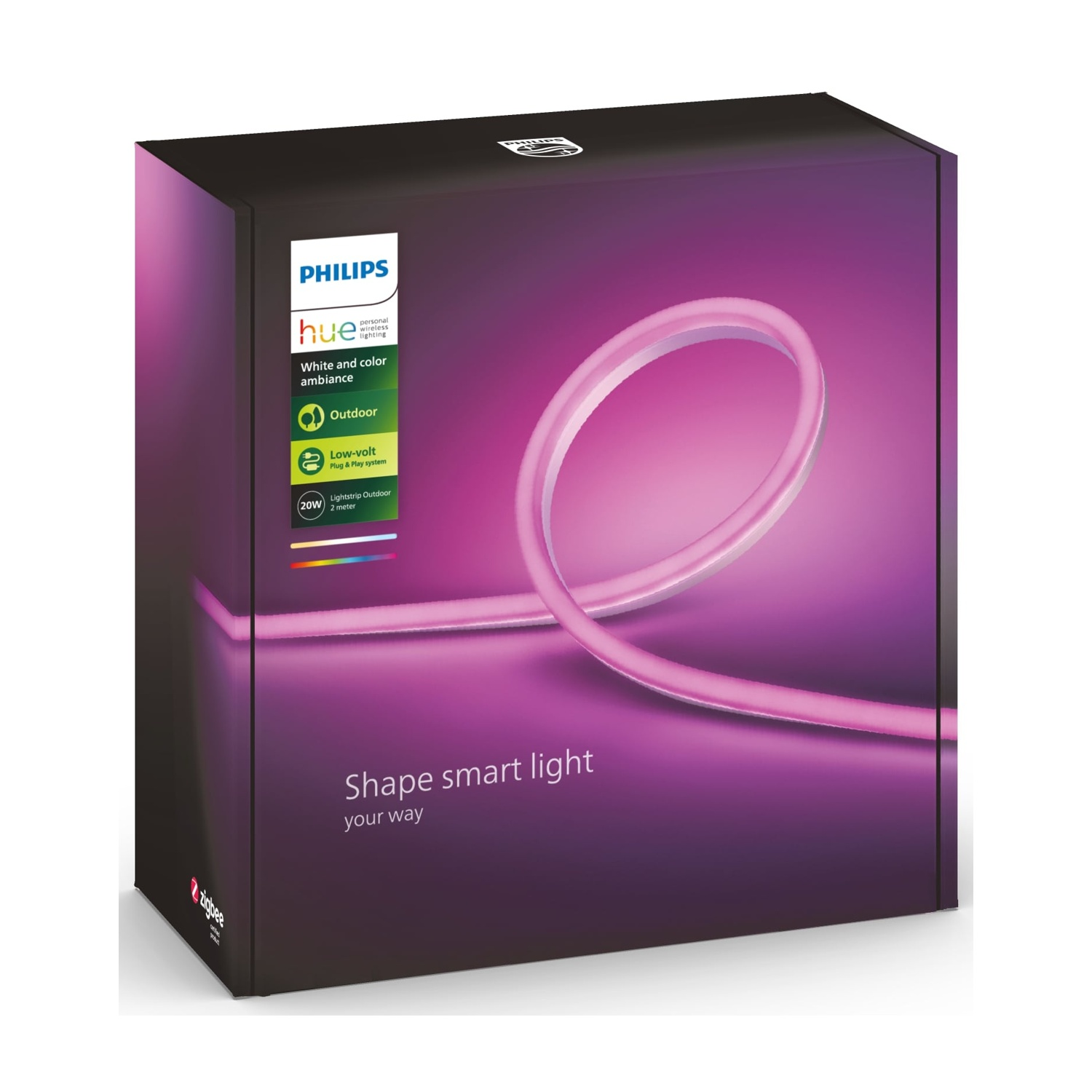 Scatola con luce Philips Hue. Mostra una striscia luminosa rosa, con testo come 'White and color ambiance' e 'Shape smart light'.