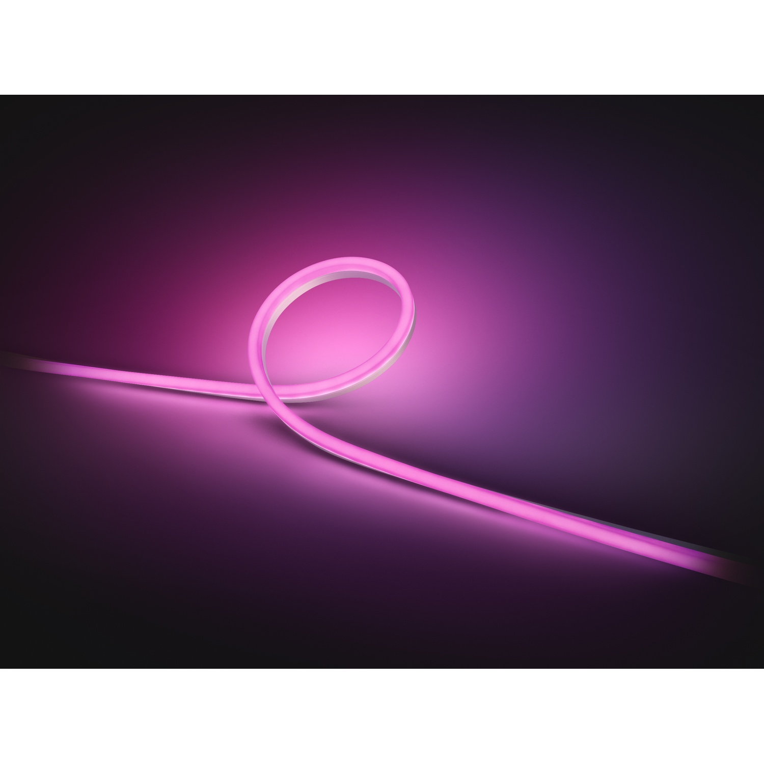 Una striscia luminosa rosa neon è sagomata ad anello su uno sfondo sfumato dal viola scuro al rosa acceso.