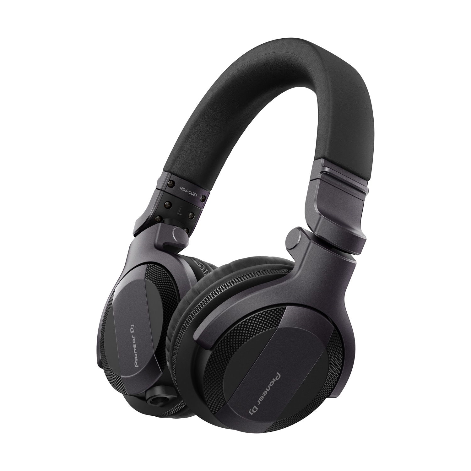 Cuffie Pioneer DJ nere su sfondo bianco. Sono visibili padiglioni, archetto e marchio. Sono leggermente angolate.