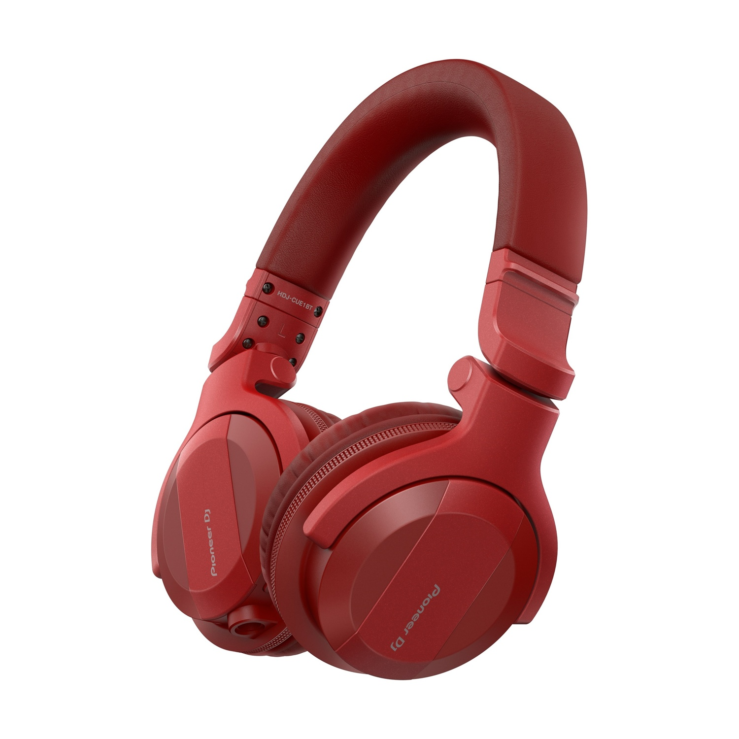 Cuffie Pioneer DJ rosse su sfondo bianco. Le cuffie sono angolate, mostrando i padiglioni e l'archetto.