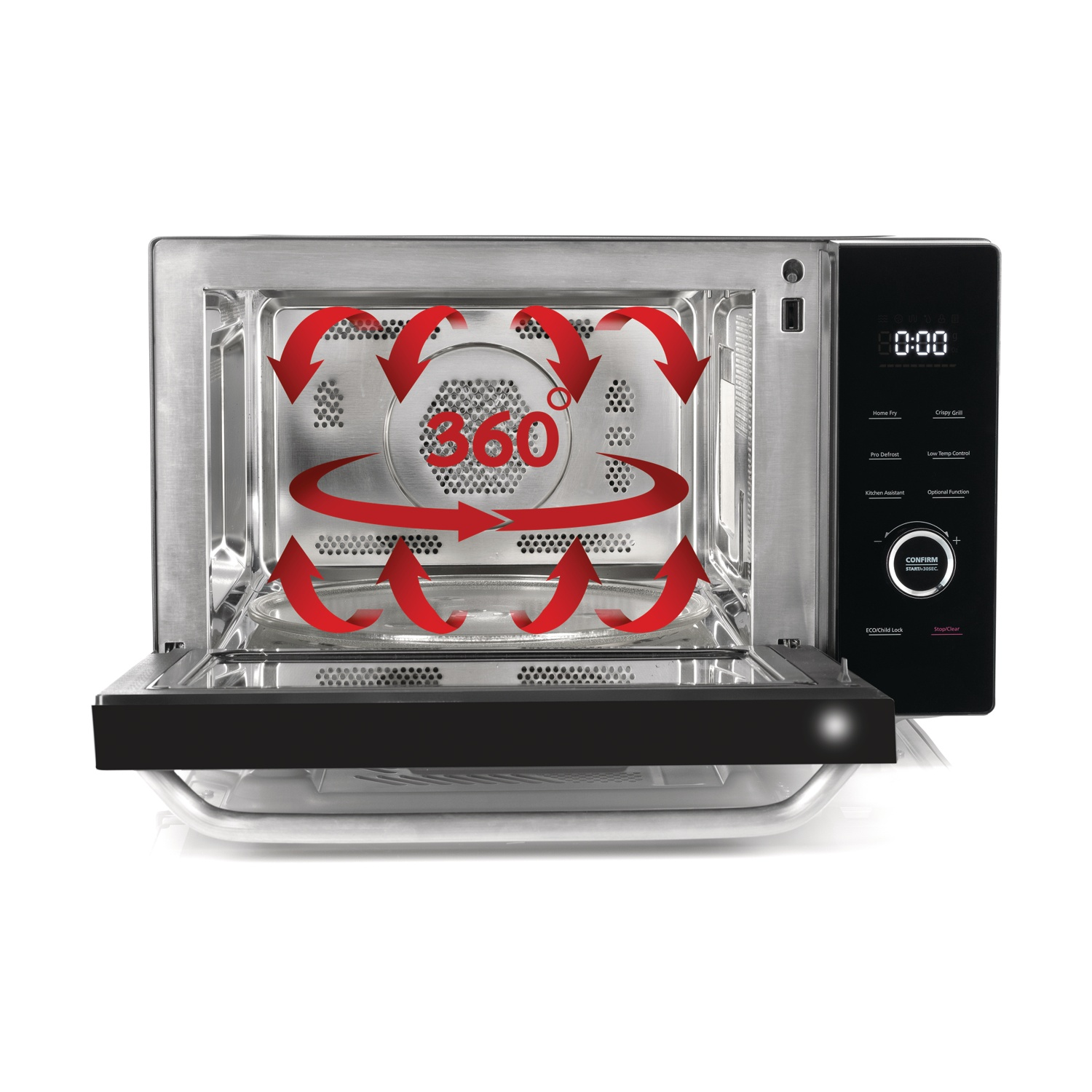 Un forno a microonde in acciaio inossidabile con la porta aperta. Frecce rosse indicano una rotazione di 360 gradi. Pannello di controllo nero a destra.