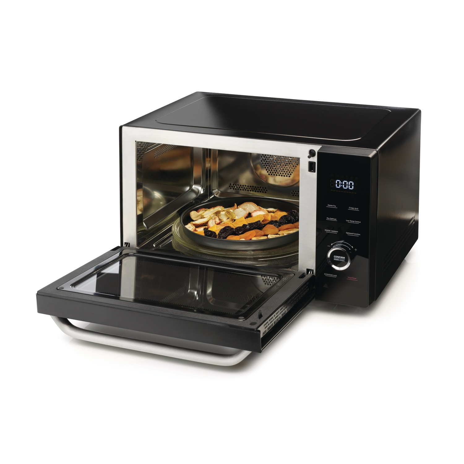 Un forno a microonde nero con la porta aperta, che rivela un piatto di cibo all'interno. Il display mostra 0:00.