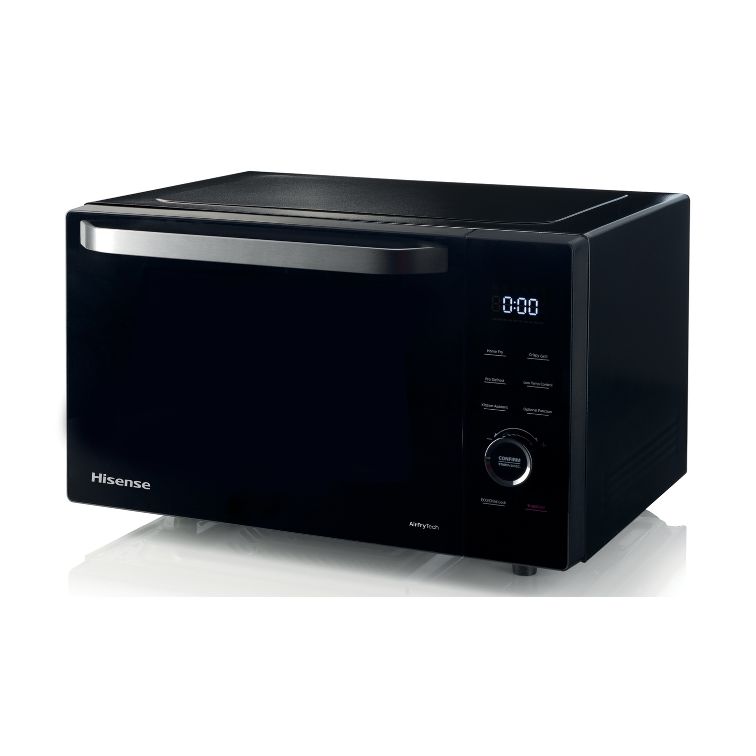 Un forno nero Hisense AirFryTech. Ha un display digitale che mostra 0:00. La porta del forno ha una maniglia argentata.