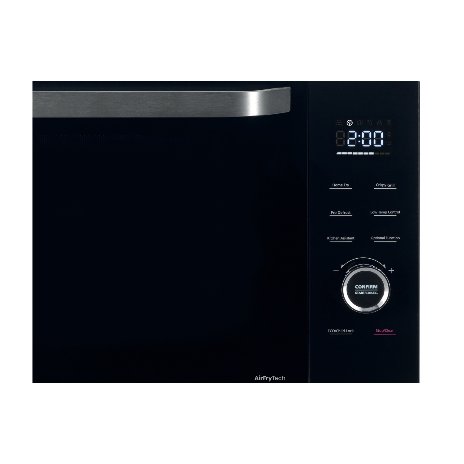 Un forno a microonde nero con display digitale che mostra le 8:00. Ha pulsanti di controllo per diverse funzioni come Home Fry e Crispy Grill.