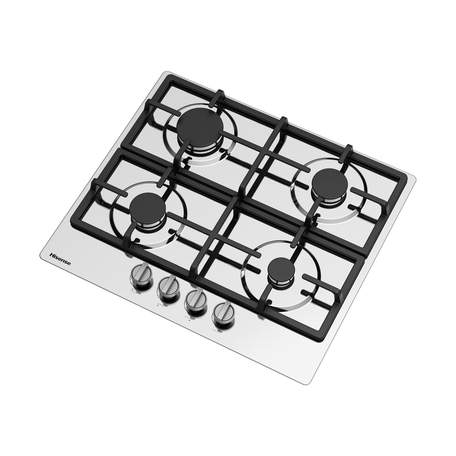 Un piano cottura a gas Hisense in acciaio inossidabile con quattro bruciatori e manopole di controllo. Griglie e cappucci neri. Sfondo bianco.