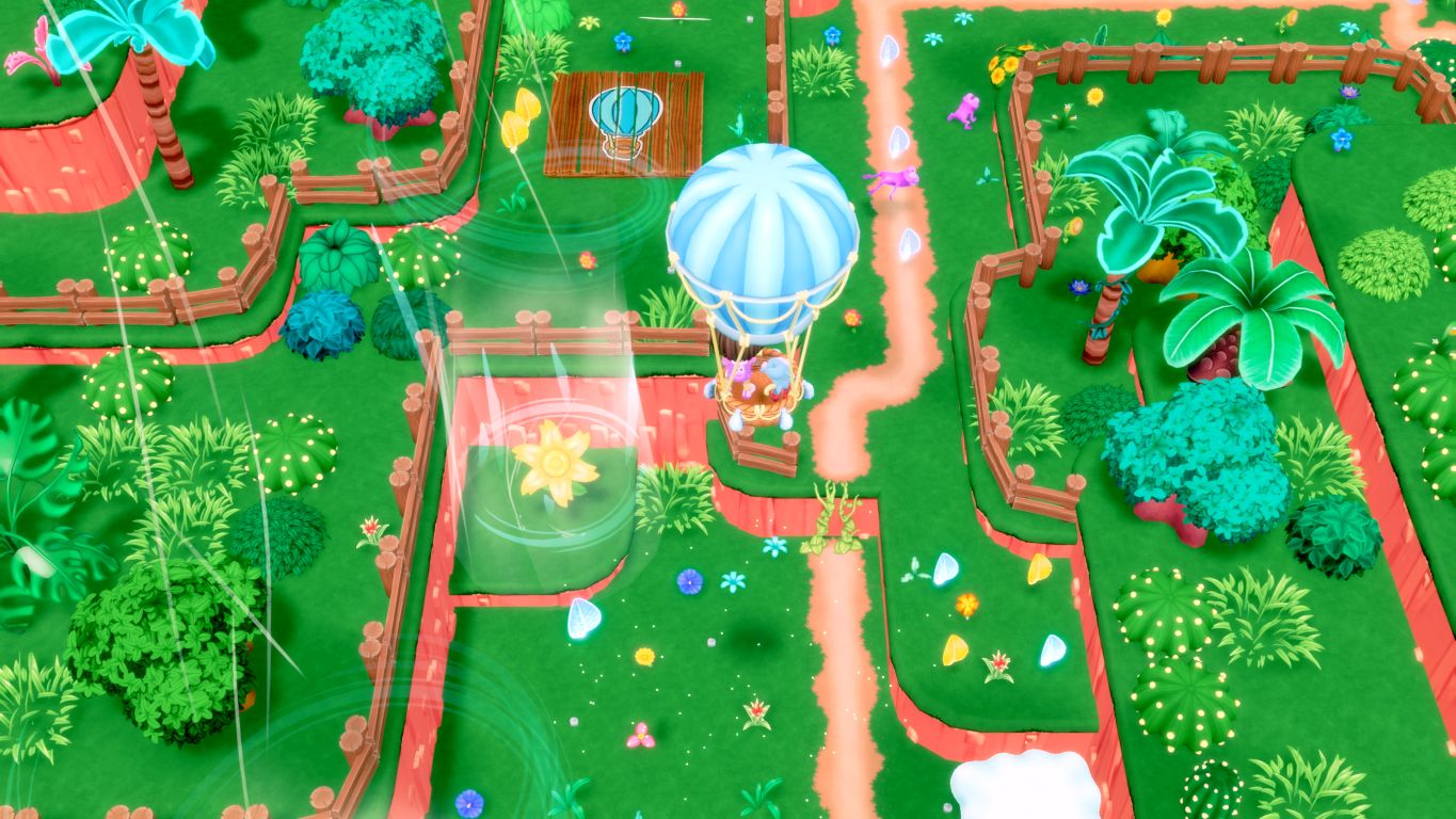 Kreskówkowy widok z lotu ptaka na ogród z niebieskim balonem na gorące powietrze. Widoczne ścieżki, drzewa, kwiaty i płoty. Słoneczna scena.