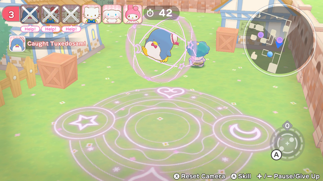 Tuxedosam jest złapany w różowym okręgu. Scena przedstawia interfejs gry z ikonami postaci i timerem.