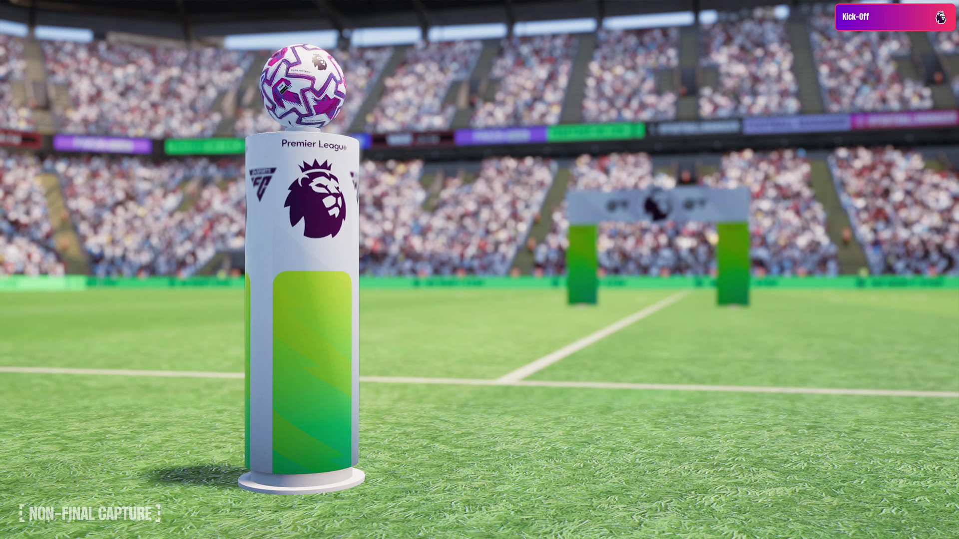 Stadion piłkarski ze stoiskiem Premier League. Piłka na górze. Zielone boisko i tłum w tle.